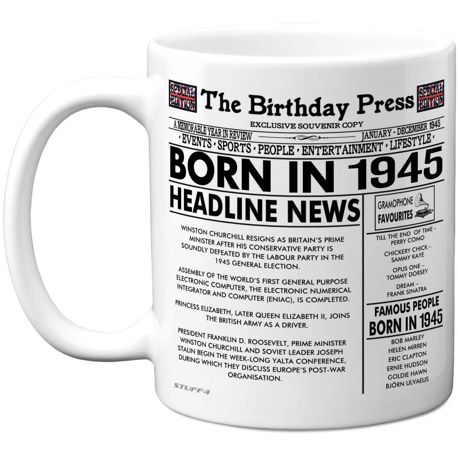 Stuff4 Men's 1945 81St Birthday Mug Gift For Wo - Born In Newspaper - Happy 81 Birthday Gifts For Grandad Grandma Nan Vintage Retro Back In Age 81 Bday, 11Oz Ceramic Coffee Mugs