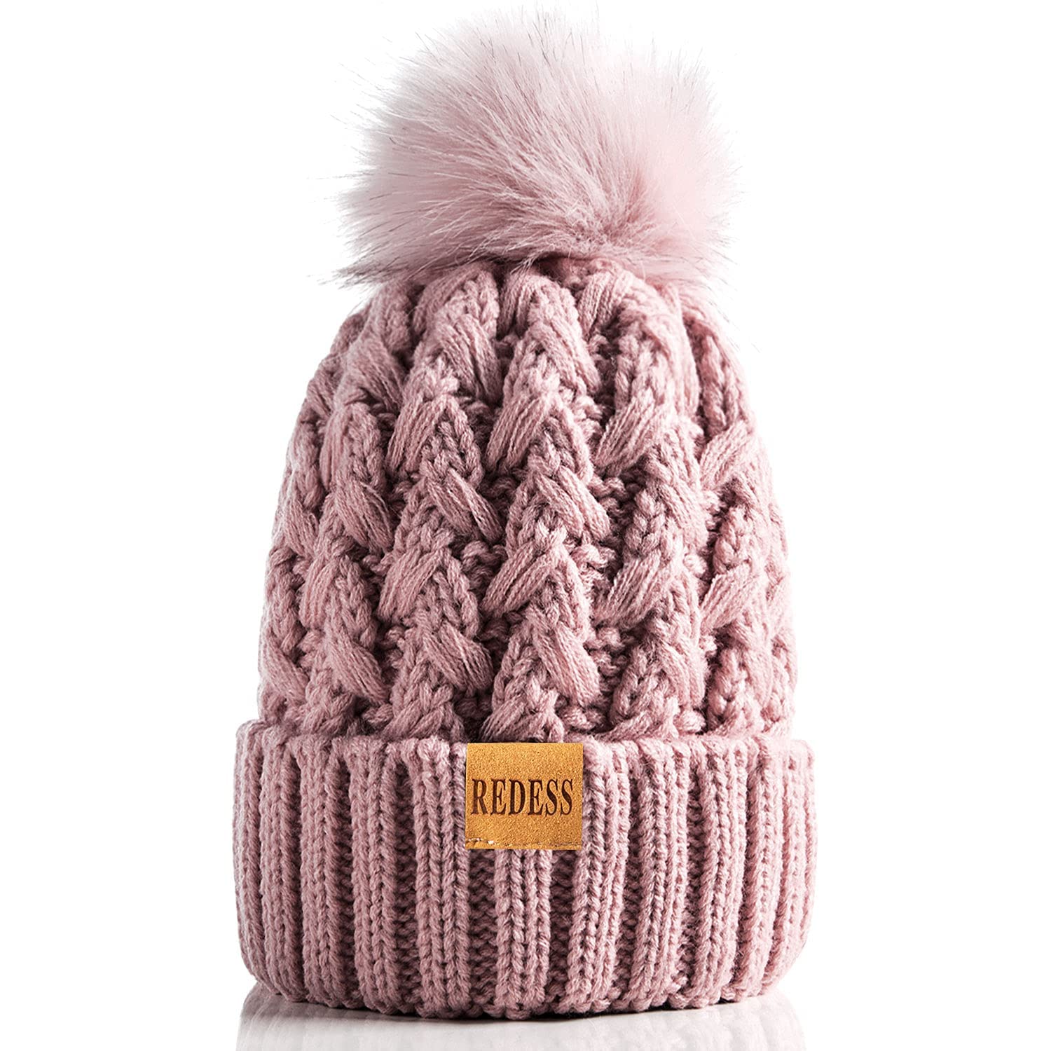 REDESS Cappello Invernale da Donna con Pompon con Pompon Cappelli Caldi Foderati in Pile, Berretto Incrociato in Maglia di Neve Spessa e Morbida per Le Signore