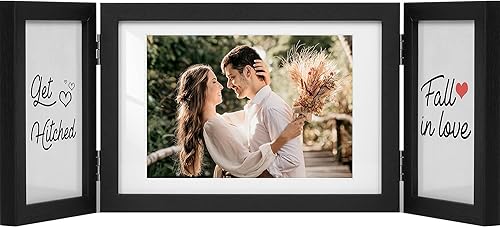 Vista 27 de Sonefreiy Marco de fotos de 4 x 6 pulgadas, 3 marcos de fotos con vidrio real, marcos de fotos plegables de madera gris para pared y mesa, regalo