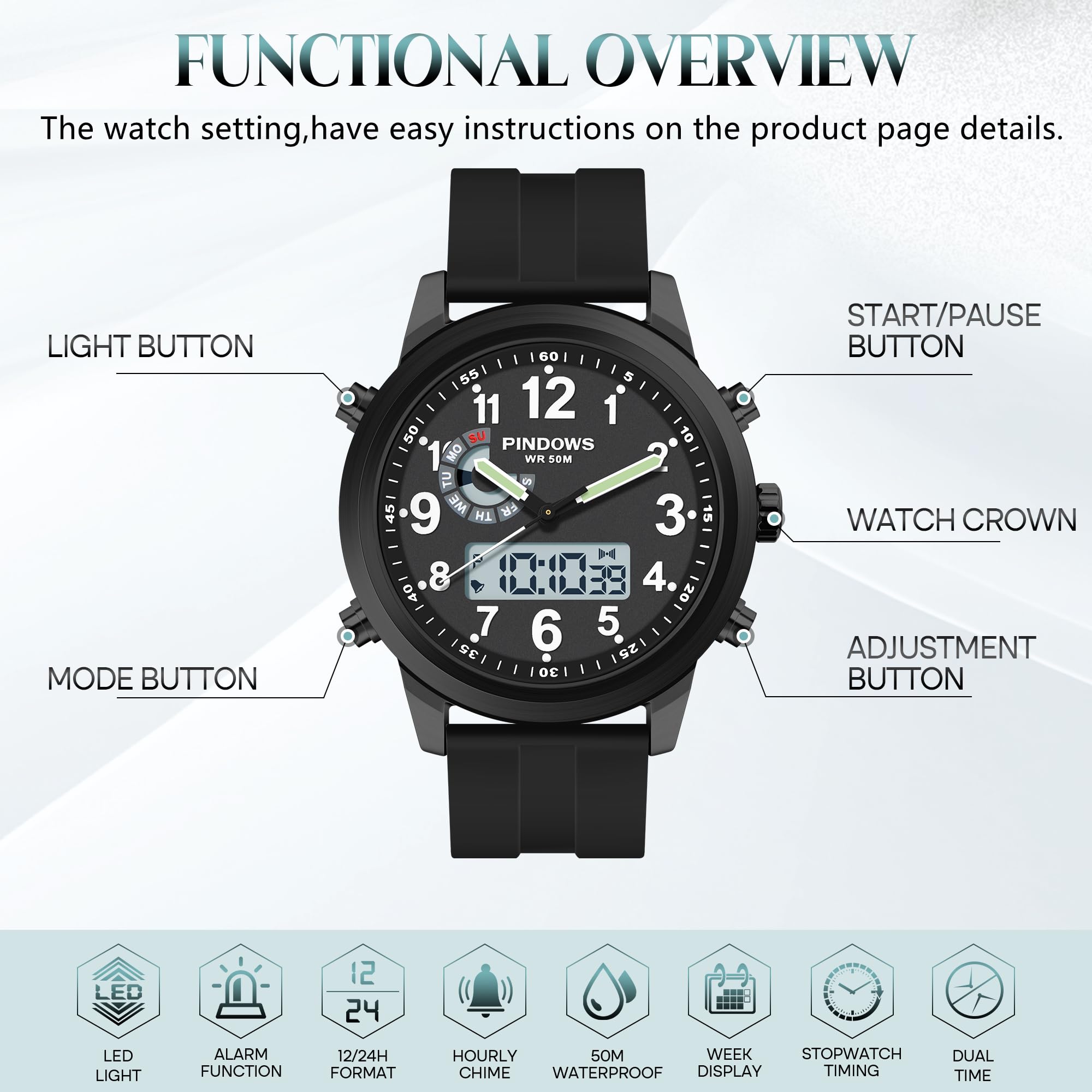 PINIDOUS Montres pour Hommes Montres Numérique Sport Outdoor Montres Militaire Multifonctionnelle Montre Quartz Analogique étanche Acier Inoxydable Mode Classique Montre-Bracelet