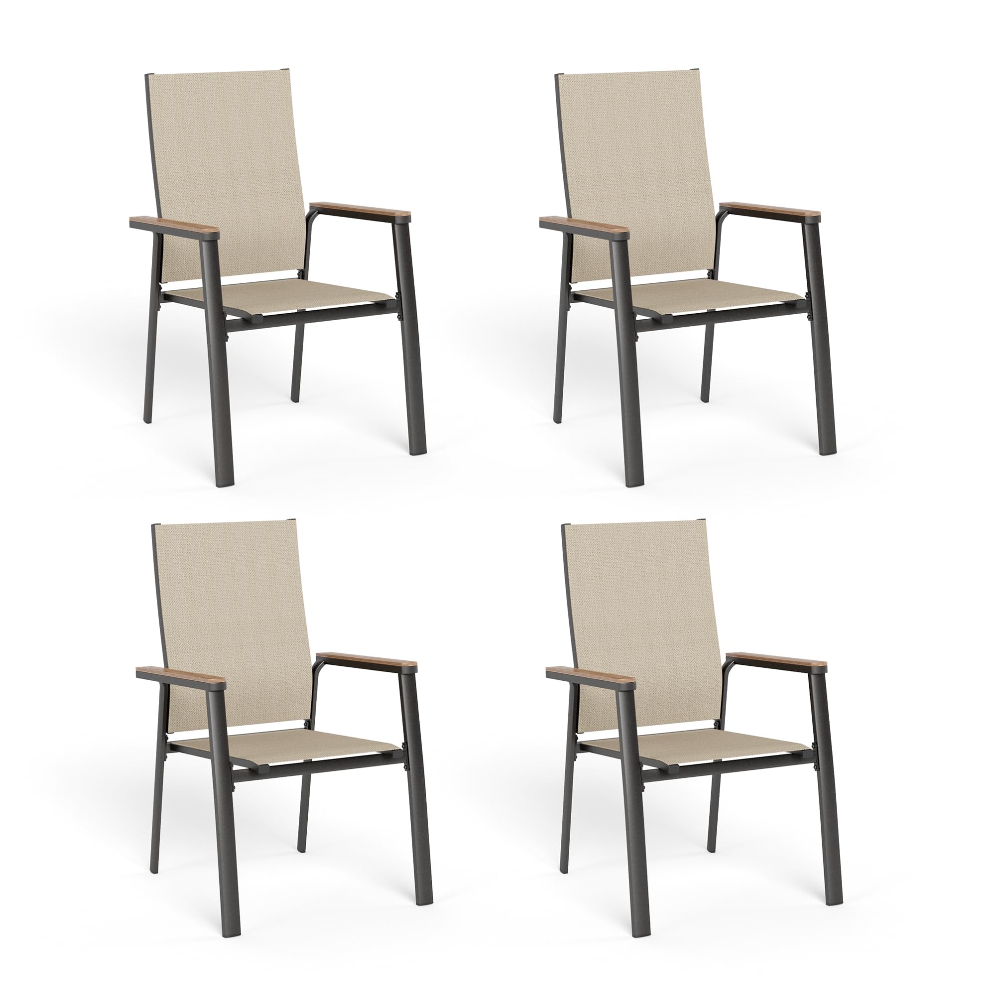 MFSTUDIO Gartenstuhl 4er Set Aluminium, Textilene Balkon Stühle Stapelbar mit Handlauf mit Holzmaserung, Outdoor Sessel für Terrasse, Balkon, Veranda, Wetterfest