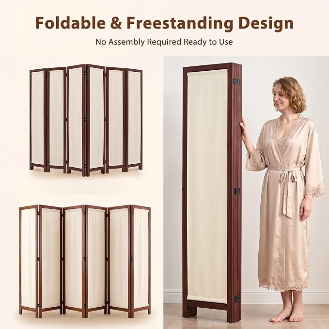 Biombo divisor de habitaciones de madera con tela de lino, pantalla de privacidad plegable boho 67" miniatura 8