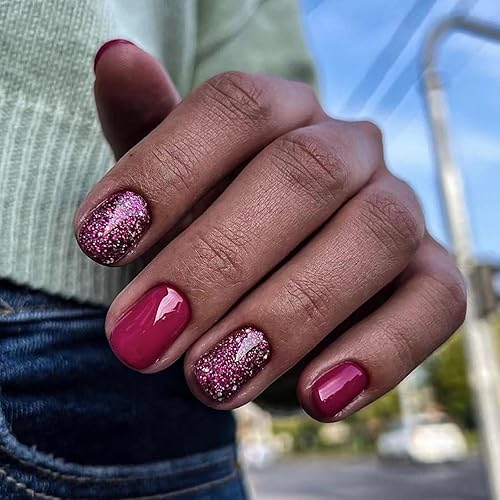 Uñas postizas a presión color rosa rosa, cuadradas, cortas, pequeñas, de cobertura completa, con purpurina, con diseños, pegamento brillante, uñas