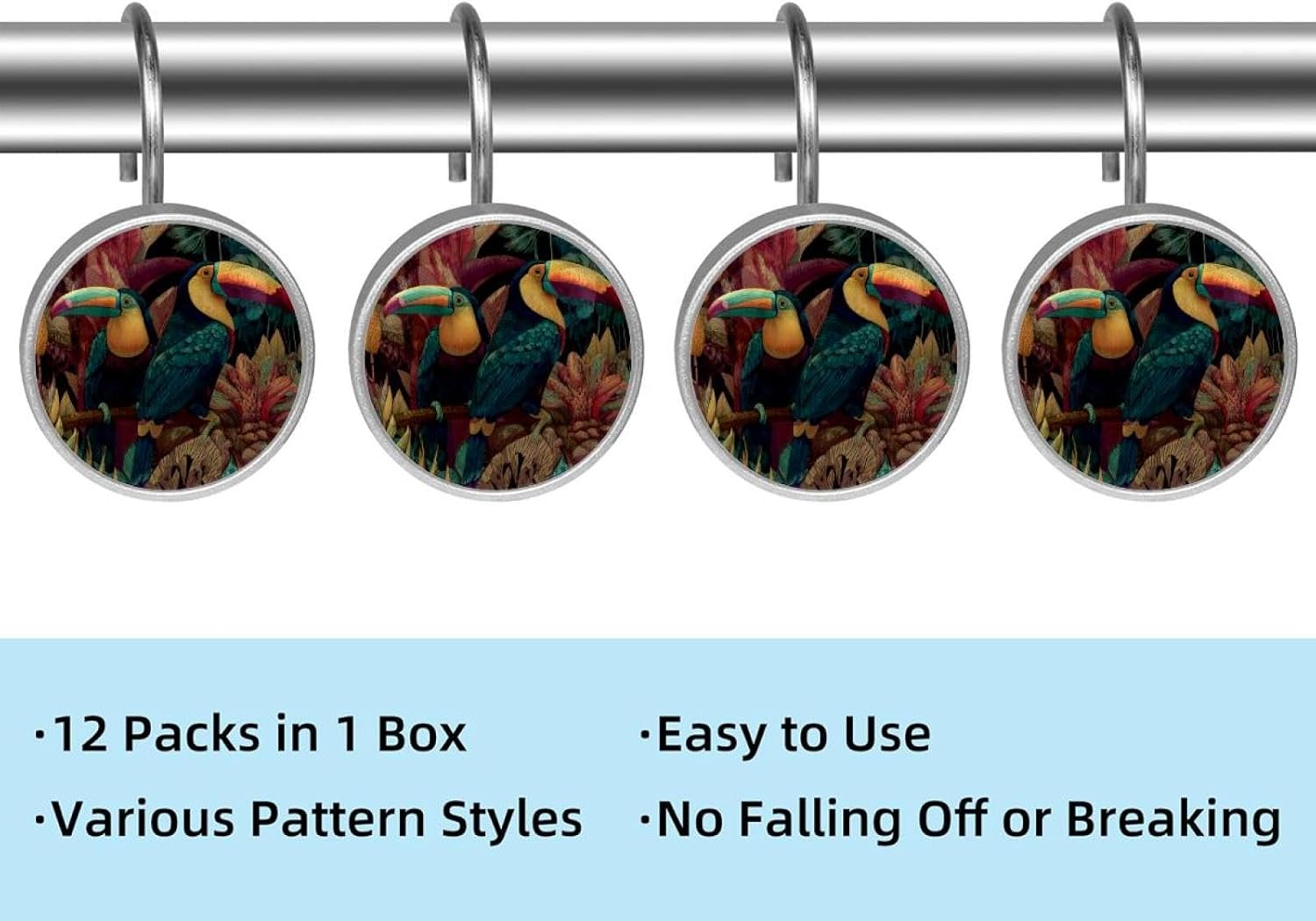 Birds Tropical Toucans Round Crystal Glass Decorative Shower Curtain Hooks with 3D Pattern Visual, Rust Proof Shower Curtain Rings-12 Pack