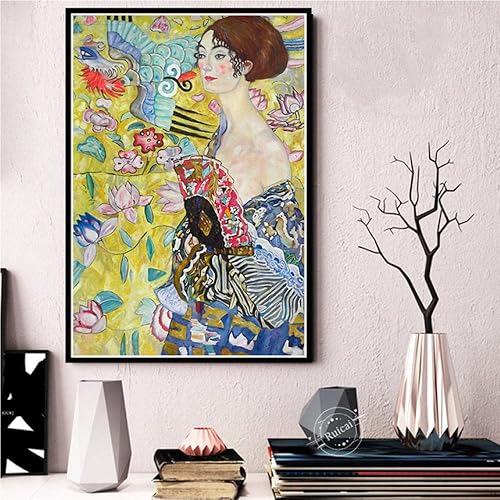 Pinturas de Gustav Klimt - Señora con fanáticos, lienzo de exposición de arte abstracto, arte de pared, póster de Gustav Klimt, impresiones nórdicas