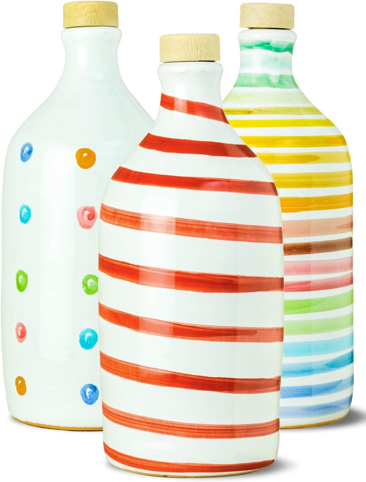 Antico Frantoio Muraglia. Italian Extra Virgin Olive Oil. Handmade Ceramic Bottles. Gourmet Olive Oil Gift Set, POLKA DOT, CAPRI RED and RAINBOW . First Press Cold Extraction. Unique Food Gifts