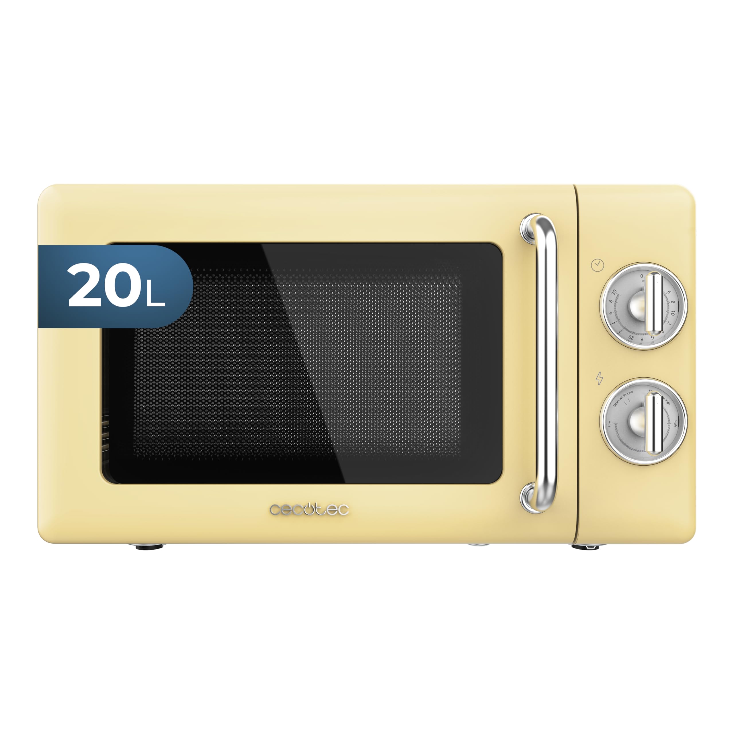 Cecotec Microondas Mecánico de 20 L Proclean 3010 Retro Yellow. 700 W en 6 Niveles, Temporizador hasta 30 Minutos, Modo Descongelación, Diseño Vintage en Amarillo, Acabados en Acero