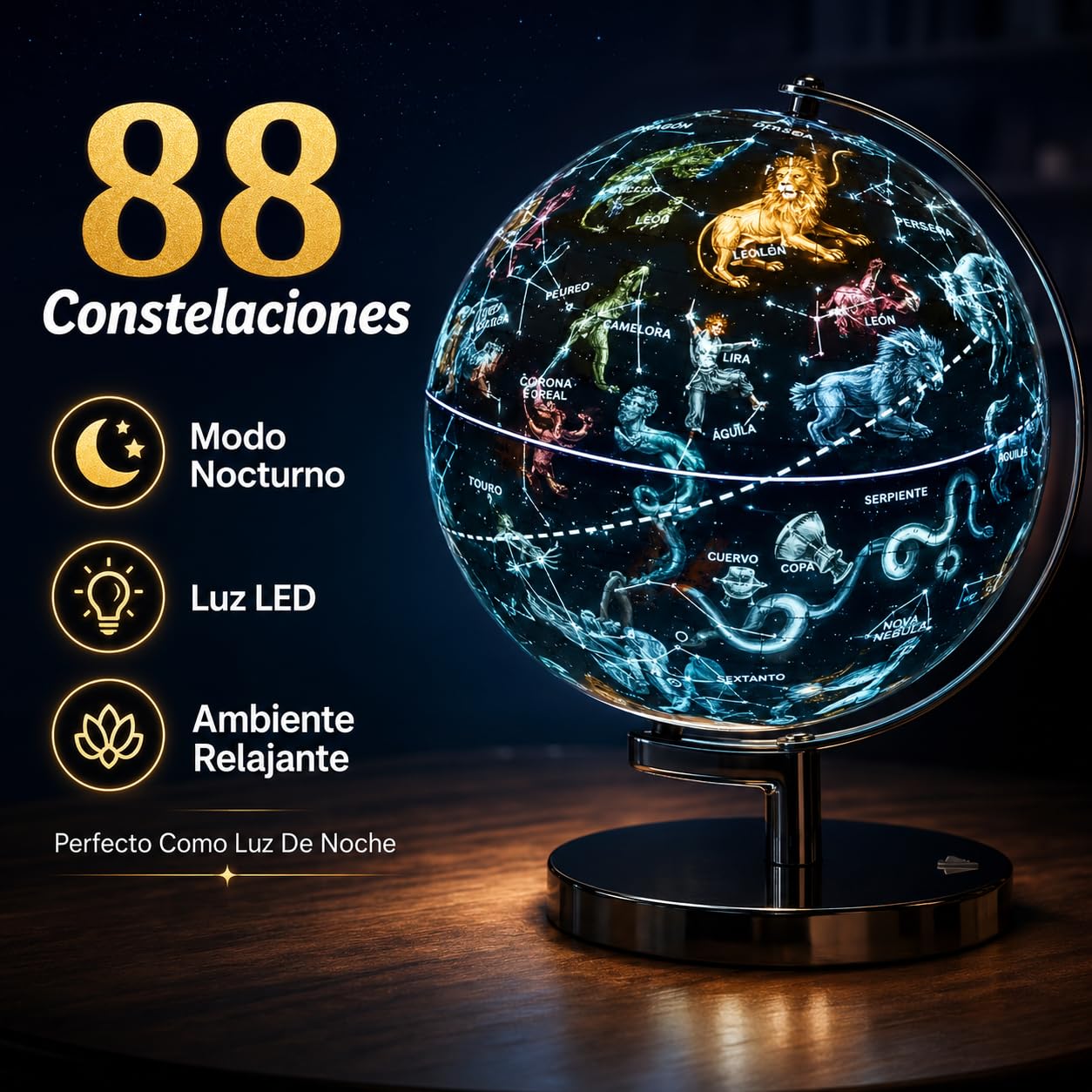 EXERZ Globo Terráqueo Iluminado 23 cm Mapa Español Y Constelaciones | Lámpara LED Sin Cable Base Metálica Cromada Modo Día Noche Para Escritorio Habitación Aula Y Regalo Educativo