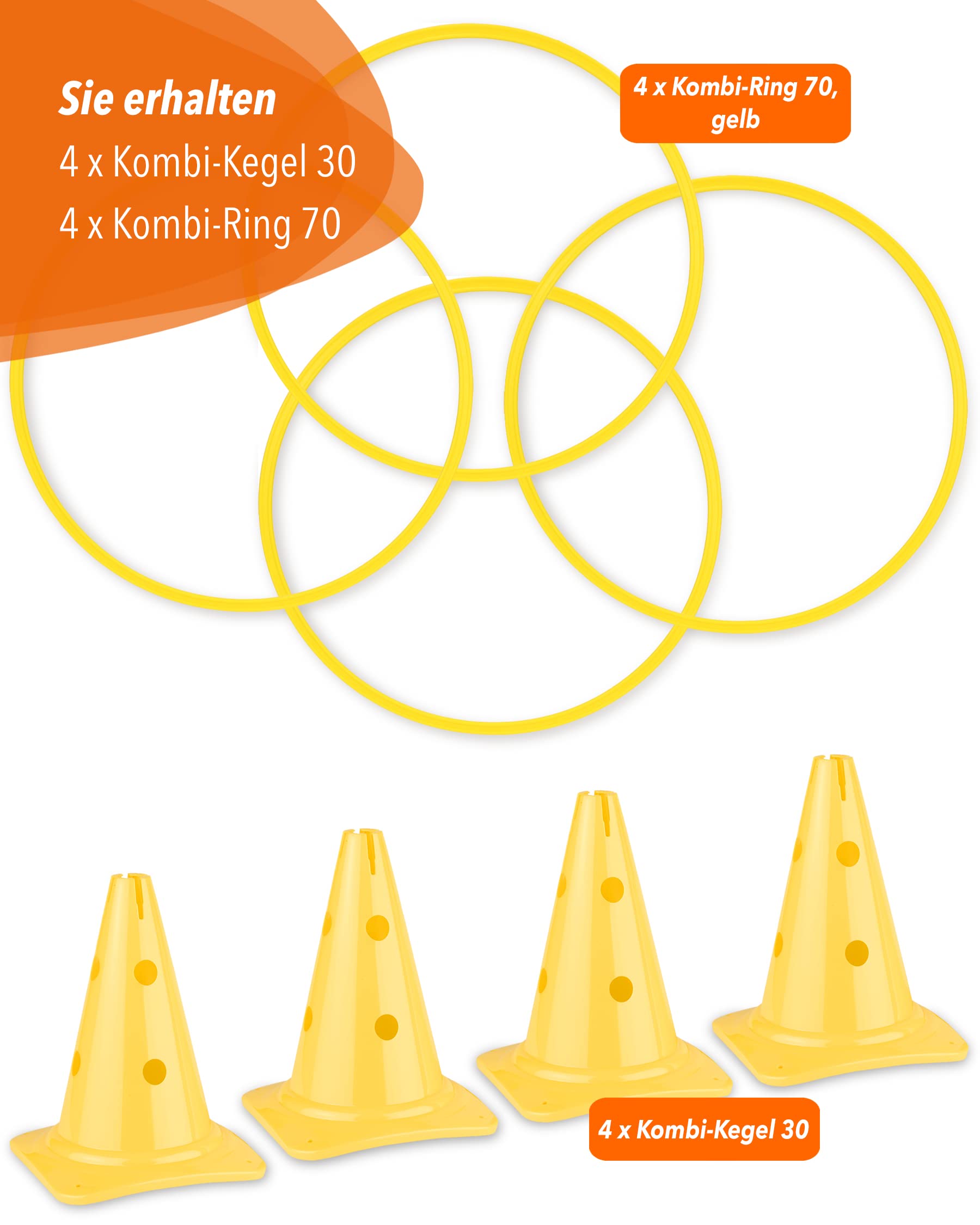 Combi cono 30 & anello combinato 70 – Set di 4 pezzi – per la costruzione di parcours & ostacoli – aiuto per l'allenamento per calcio, atletica e sport per cani