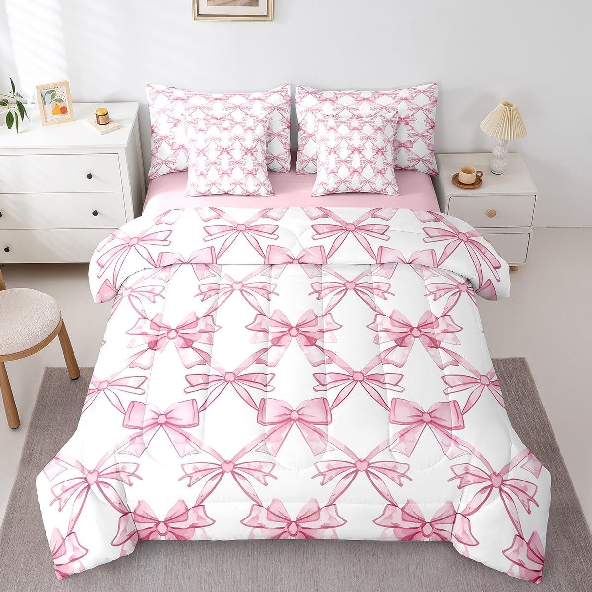 Manfei Pink Bowknot Comforter Set Twin,Watercolor Bow-tie Princess Paint Bedding Set,Dreamy Bow Crossed Grids Lines Pink White Bed Set 7 Pieces(Comforter+Fitted+Flat Sheet+Pillowcase+Pillow Cover)
