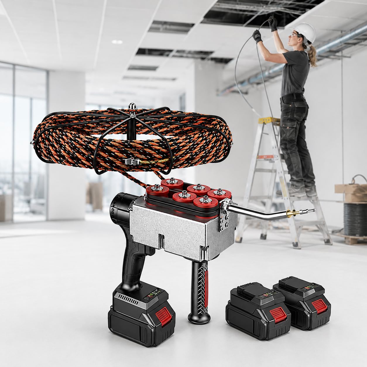 Automatic Electric Wire Threader, Wireless Electric Wire Threading Tool, Automatic Wire Winding, Stepless Speed Regulation, Threading Speed 40 Meters/Minute, Suitable For Wall Wiring dualbattery