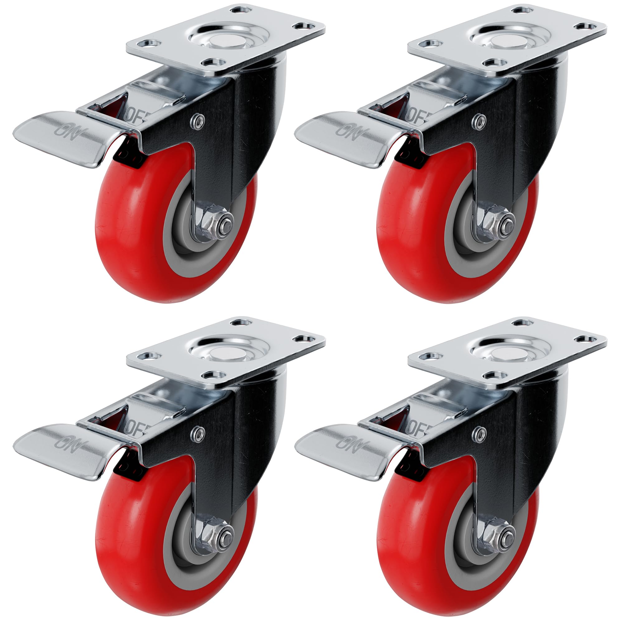 Online Best Service 4 Pack Caster Wheels Swivel Plate On Red Polyurethane Wheels (4 inch with Brake)