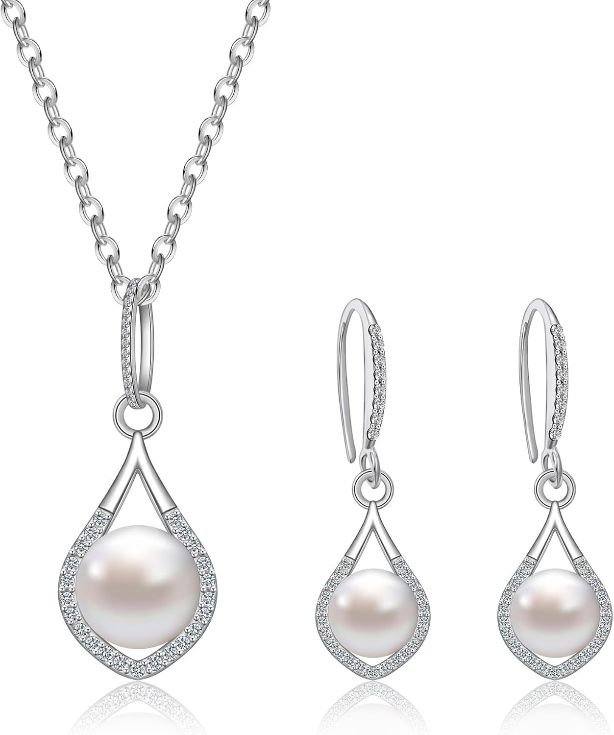 AILUOR Pearl Jewelry Set for Women, Faux Freshwater Single Pearl Necklace and Earring Set with 18 Inch Silver Chain Dainty Wedding Jewelry for Brides Mom Mother's Day Birthday Gifts