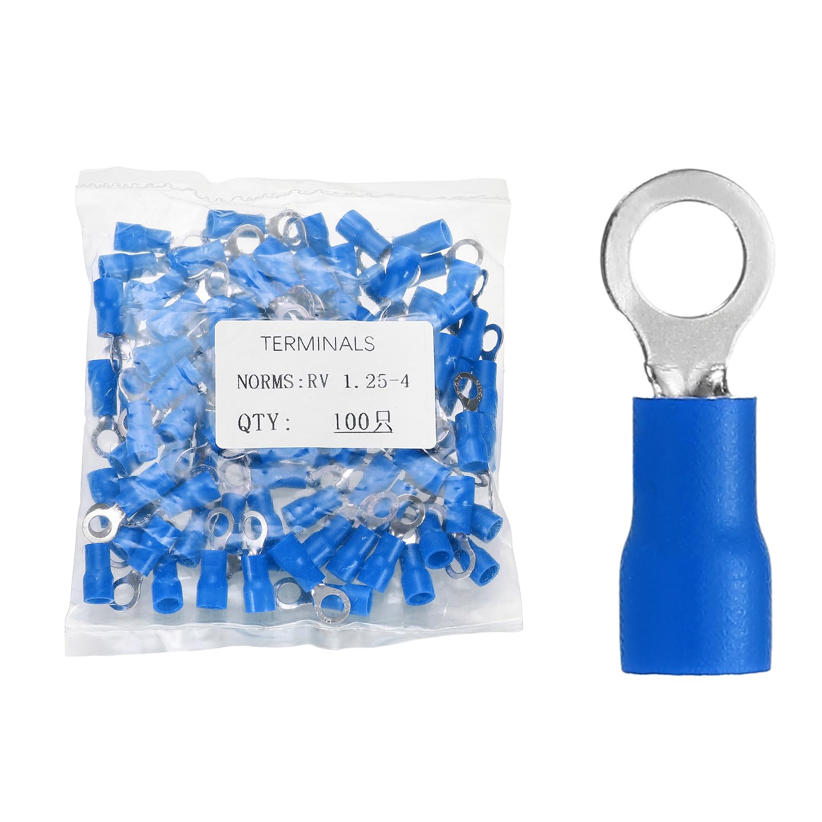 sourcing map 100pcs Terminals Ring Connectors #8" Tinned Copper Insulated Ring Crimp Terminals 22-16 Gauge for Electrical Industrial Chemical Project, Blue