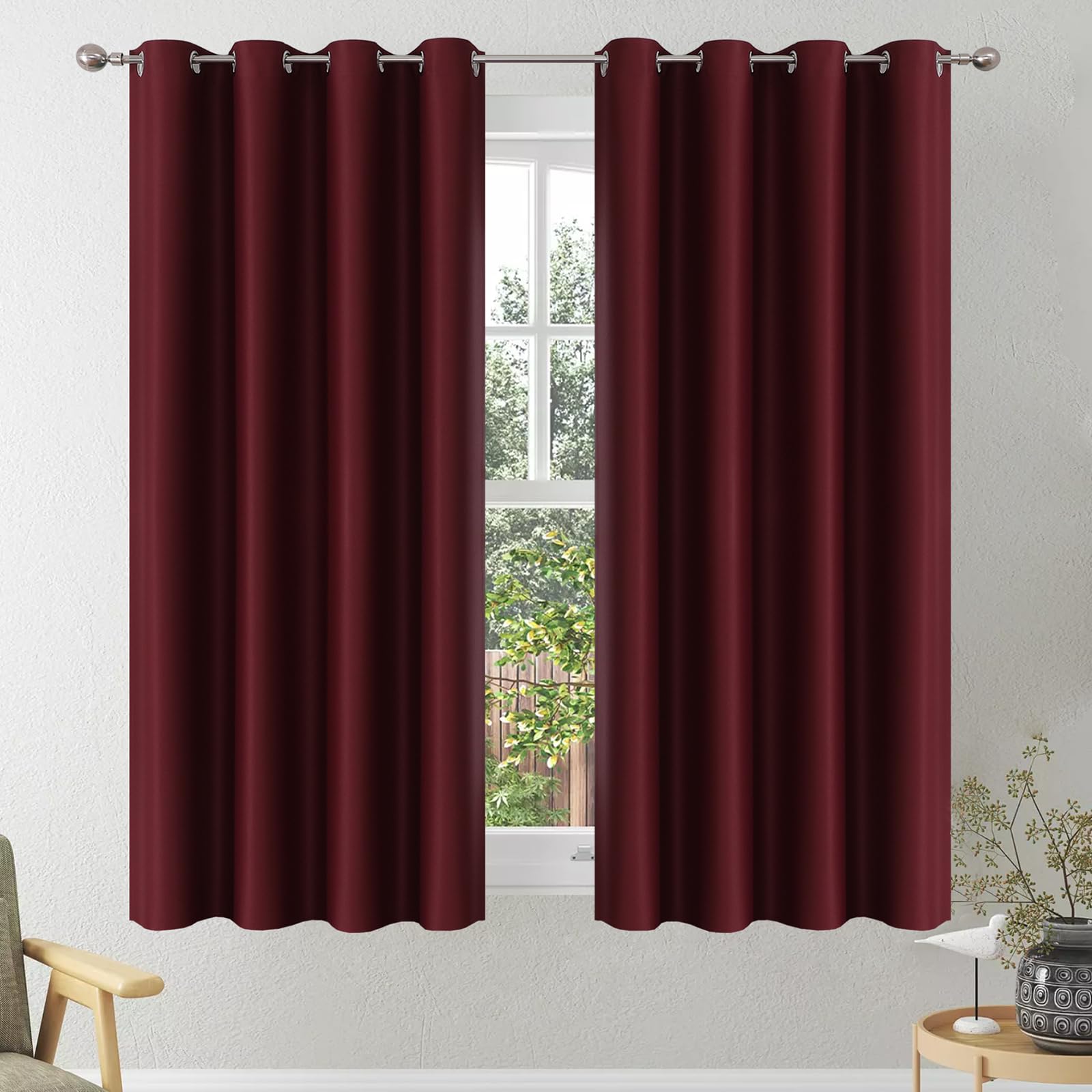 VEHEDE Blackout Short Curtains 54 Inch Drop, Eyelet Thermal Insulated Curtain for Cafe, Soft Wine Red Bedroom Curtains, Living Room Curtain & Drapes, W46 x L54 Inch, Wine Red, 2 Panels — image 1