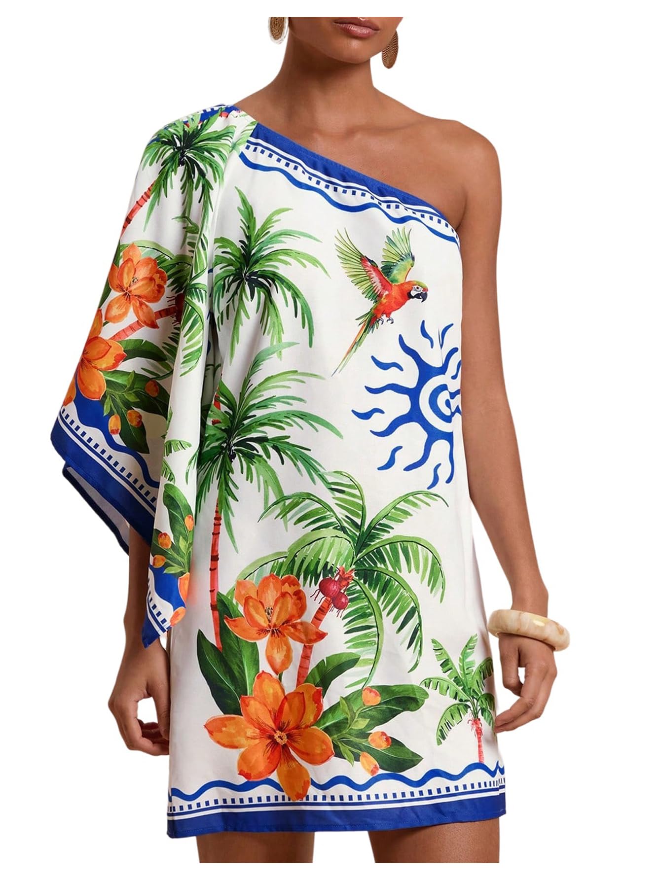 Women's One Shoulder Tropical Mini Summer Beach Vacation Dresses