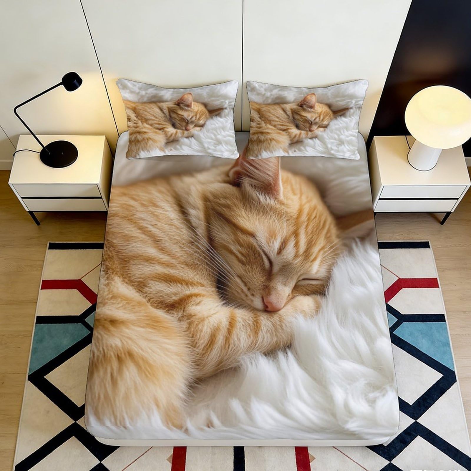 3D Printed Sleeping Ginger Cat Fitted Sheet Microfiber Soft Breathable Cozy Orange Tabby Bed Cover for Bedroom Dormitory Guest Room Mattress Protection 180x200x25cm