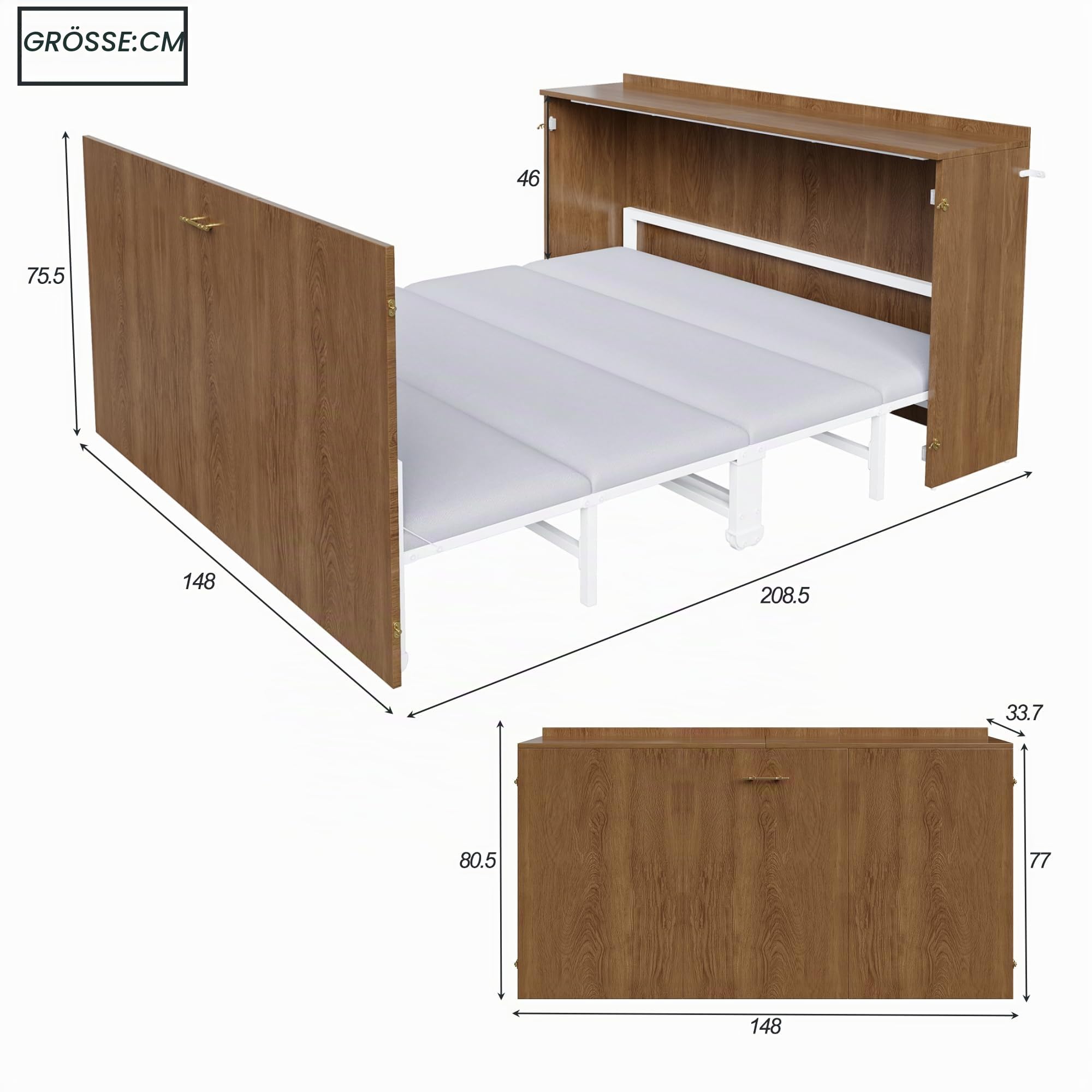 Schrankbett 140x200, Klappbares Doppelbett mit Matratze und Lattenrost, Wandbett Klappbett mit Schrank, Vertikal Schrankbett Gästebett Wandklappbett Murphy Bed Bettschrank mit Leisen Rollen,Holzfarbe