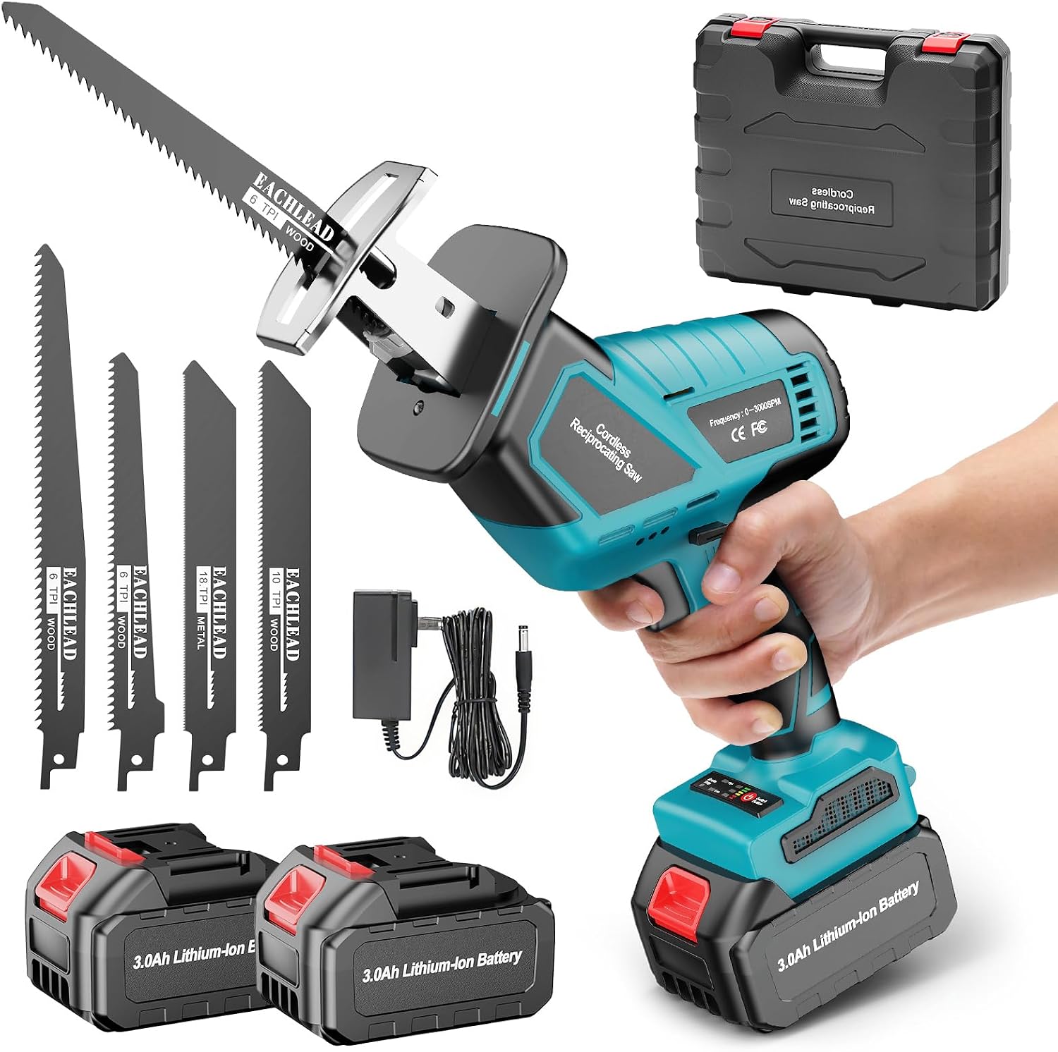Yofuly Akku Säbelsäge Kompatibel mit Makita 18V Akku, 3500SPM Geräuscharmer Bürstenloser Motor, 6 Variabler Drehzahl, Elektrisch Fuchsschwanz Säge mit 2 * 3.0Ah Akku und Ladegerät für Holz, Metall - Amazon product rated Grade A