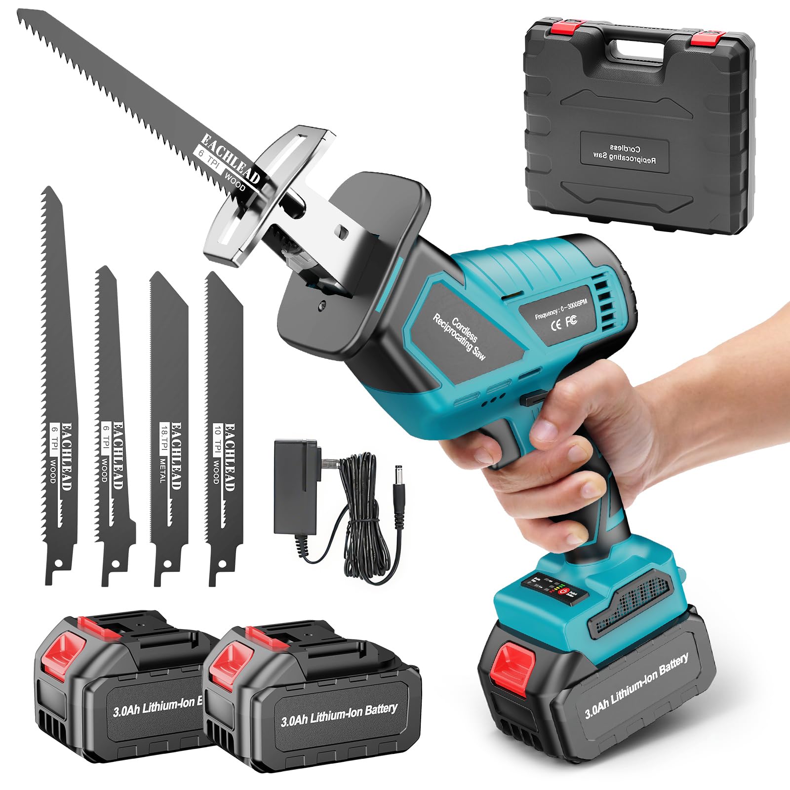 Yofuly Scie Sabre sans fil Compatible avec Batterie Makita 18V, 6 Vitesse Variable 3500SPM Changement de Lame sans Outil, Scie Egoîne avec 2 * 3000Ah Batterie, 4 Lames de Scie pour le Bois/Métal