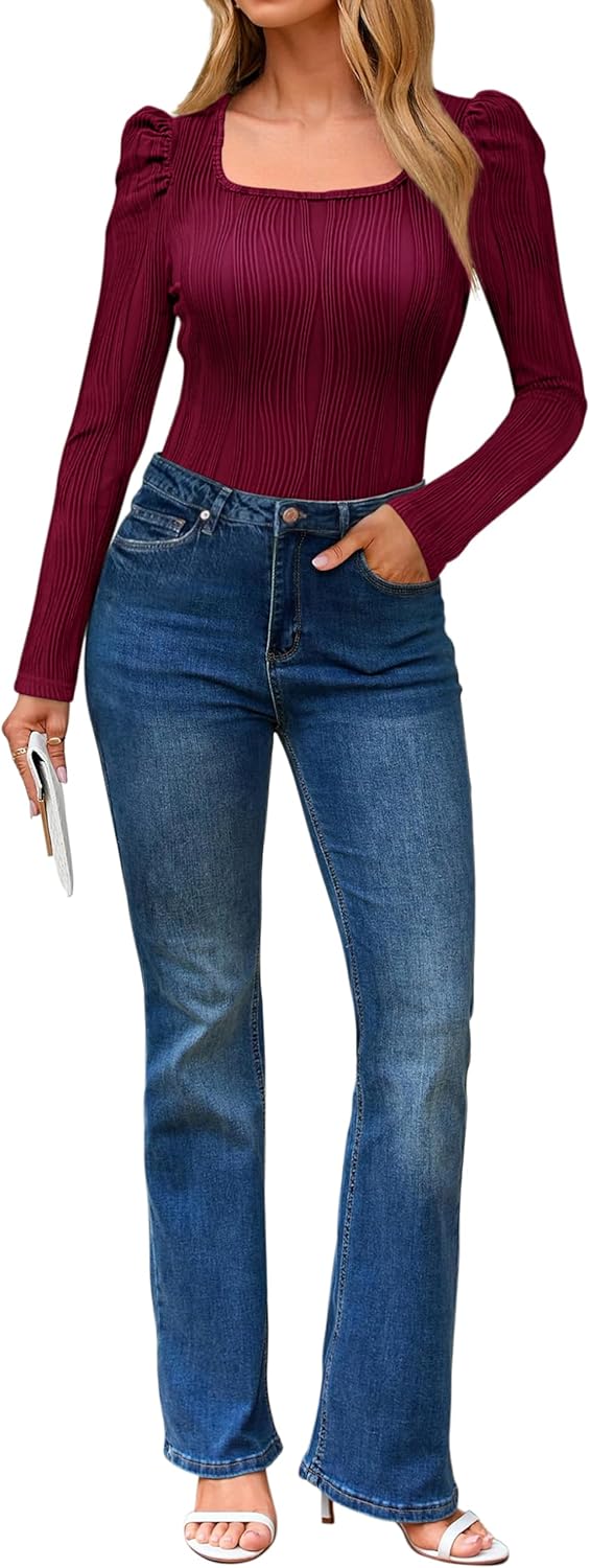 Women's T-Shirts Puff Long Sleeve Shirt Square Neck Dressy Casual Slim Fit Textured Knit Fall Tops Blouse Fashion Clothes - Image 6