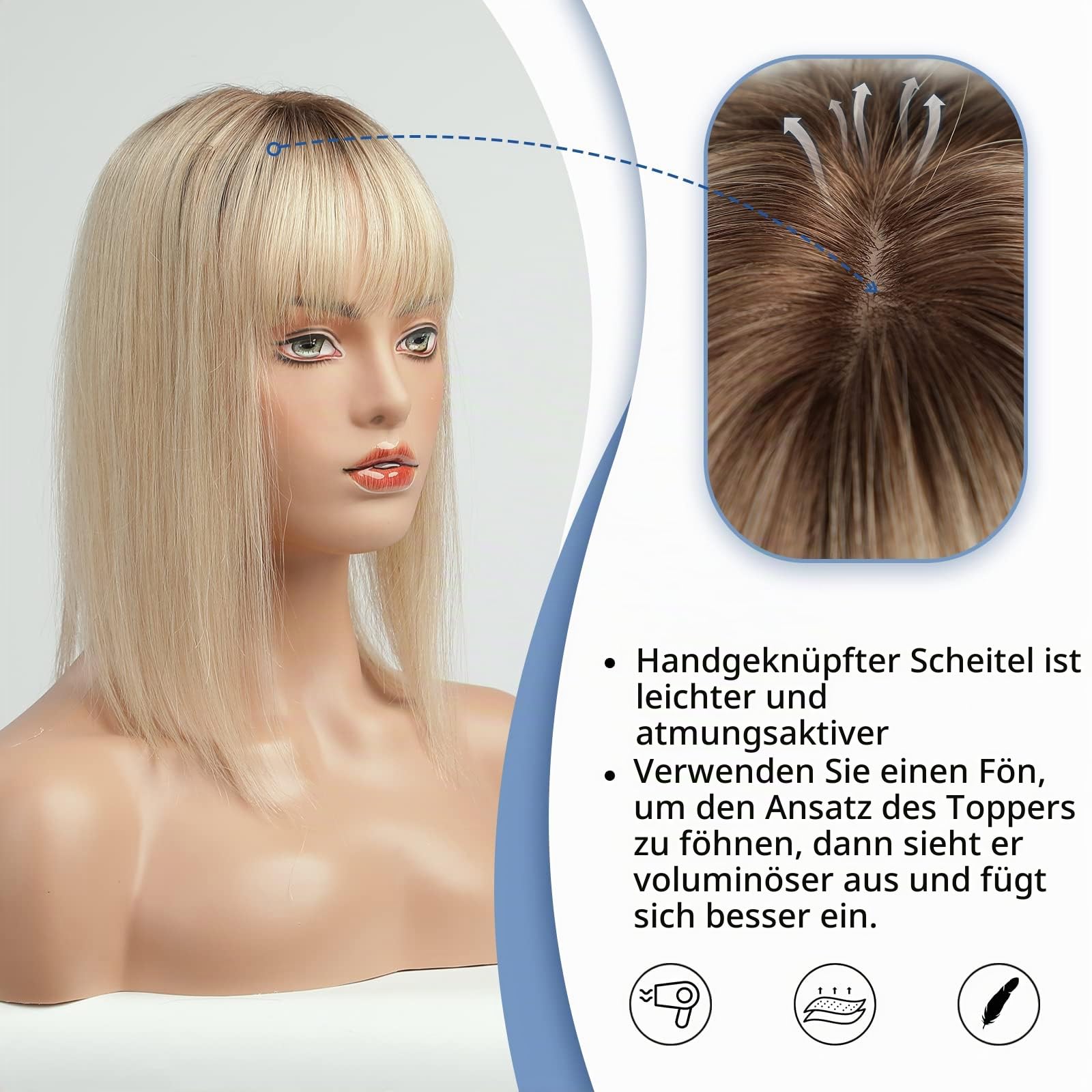 HAIRCUBE Ombre Light Blonde Human Hair Toppers Für Frauen, 100% Remy Human Hair Topper Mit Bangs, 150% Dichte Seide Base Clip In Topper 14 inch 40g
