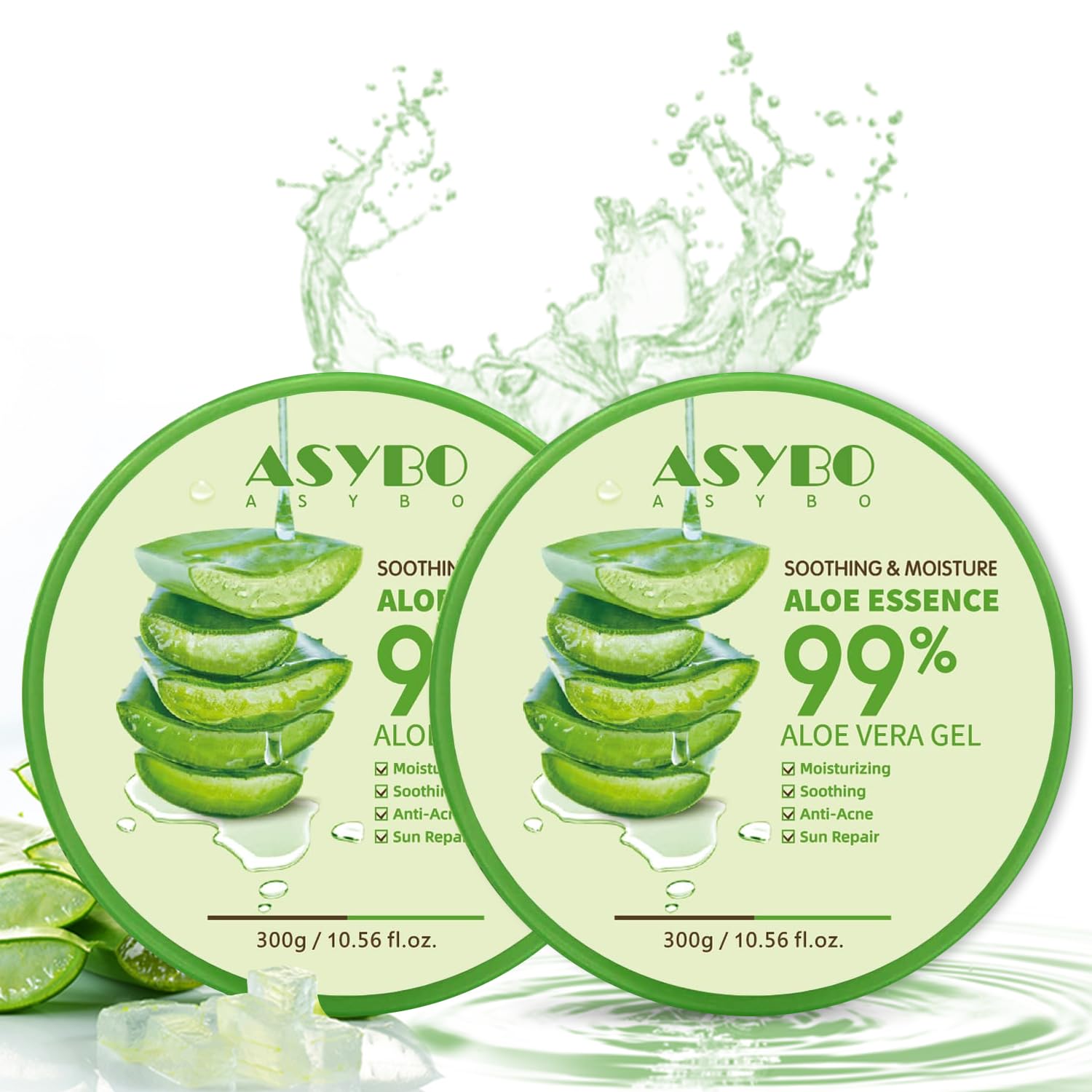 ASYBO 300x2 ML Natural Aloe Vera Gel -Organic Moisturizing Aloe Vera, Soothing and Hydrating, Sunburn and Scar Repair, After Sun Care for Face Body