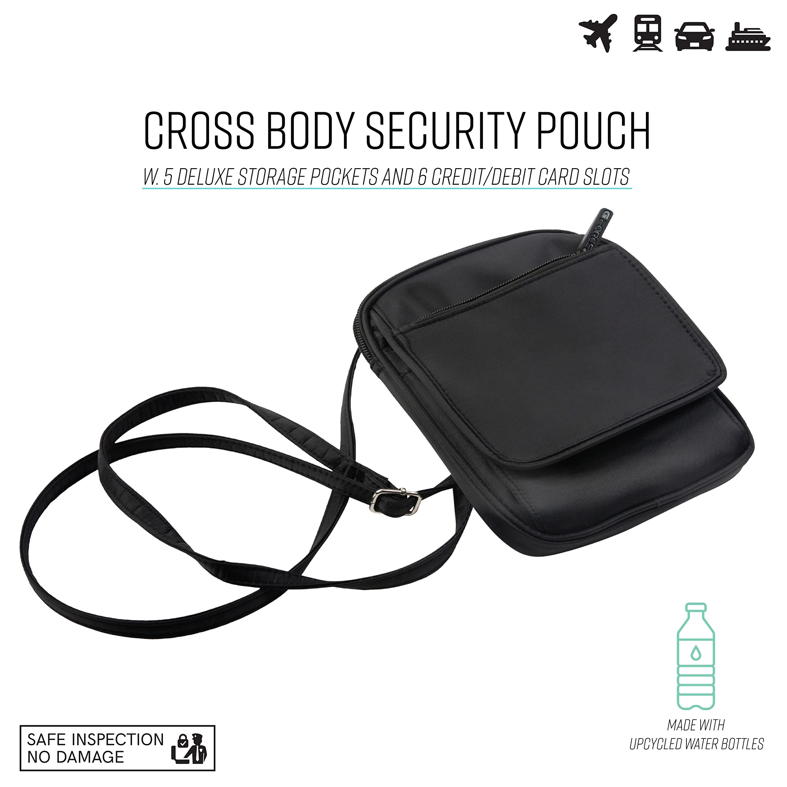 GForce Travel Cross Body Security Pouch Bag | RFID Blocking Document Holder Organizer, Black, 8