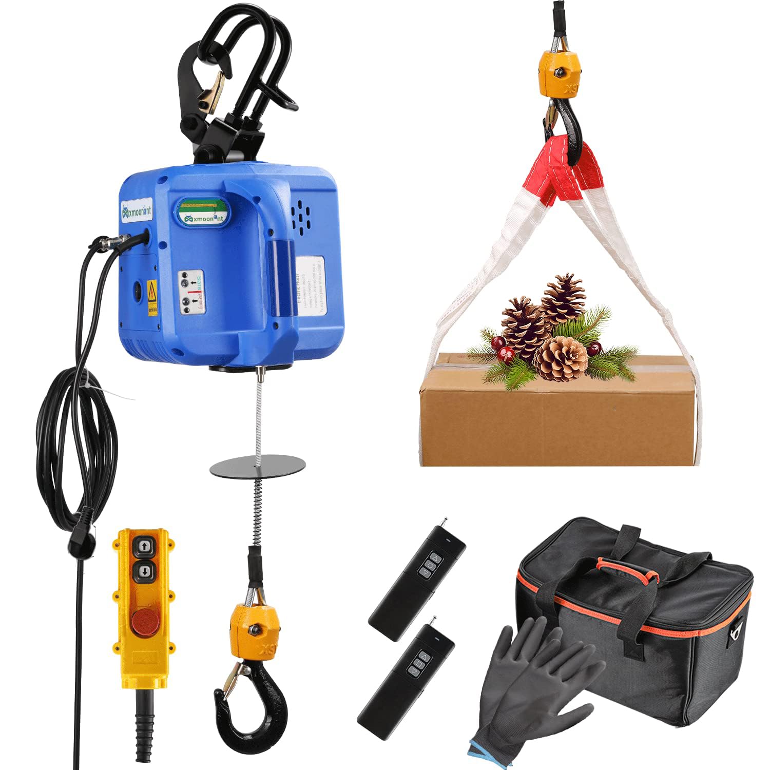 Mxmoonant 1600 W Paranco Elettrico 500 KG con 100 M Telecomandi Senza Fili × 2 per Lavoro di Squadra, Più 5 M Filo Remote, Aggiornato Motor& Ganci per Garage Magazzini Costruzione Domestica 220 V