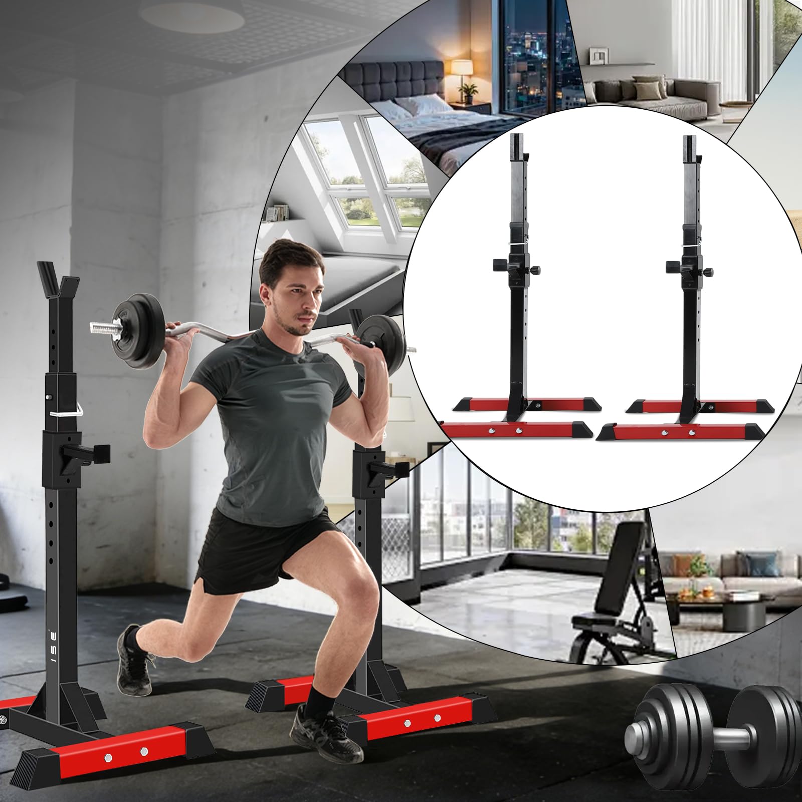 ISE Rack Musculation Multifonction, Squat Rack Adjustable, Rack Squat, Chandelle Musculation 16 Position Hauteur Réglable, Avec Support Barre Super Stabilité, Fitness à Domicile, Capacité Elevée 200KG