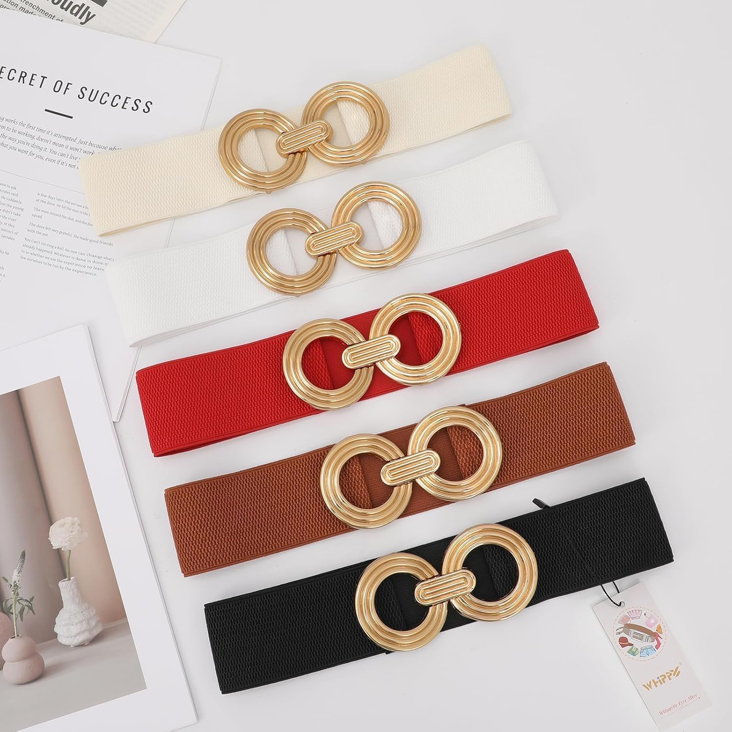 WHIPPY Women Wide Elastic Waist Belt Fashion Hollow Out Round Gold Buckle Stretchy Belt Waistband for Ladies - Image 8