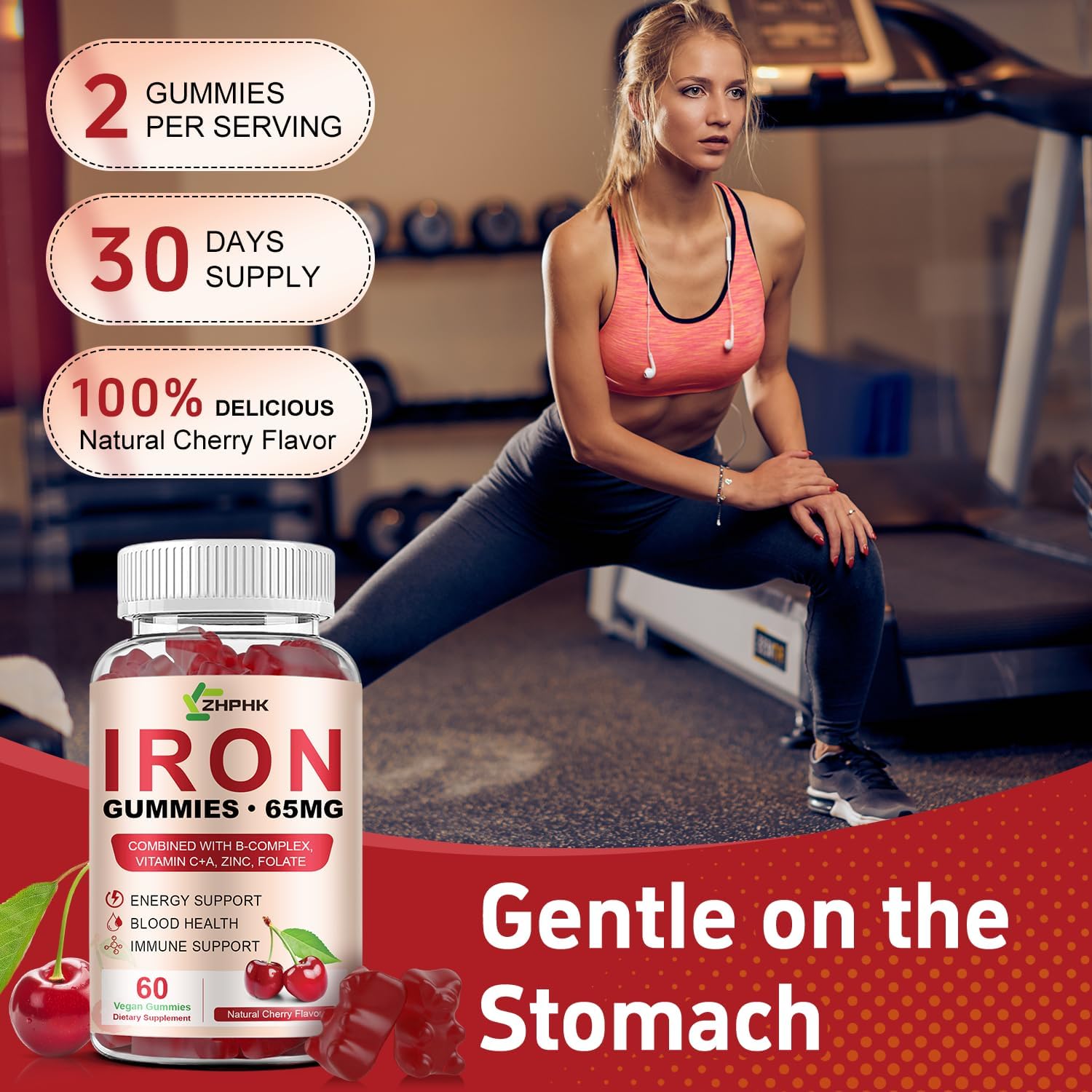 Iron Supplement for Women, Men & Kids, Iron 65mg & Vitamin C 250mg per Serving with B6 B12 Folate- Energy Support for Iron Deficiency, Anemia, Vegan Gummy Cherry Flavor, 60 Count - Image 8