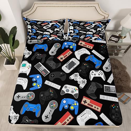 Sábana bajera ajustable para adolescentes, tamaño matrimonial, para niños, niños, videojuegos, juego de ropa de cama de 3 piezas, juego de ropa de