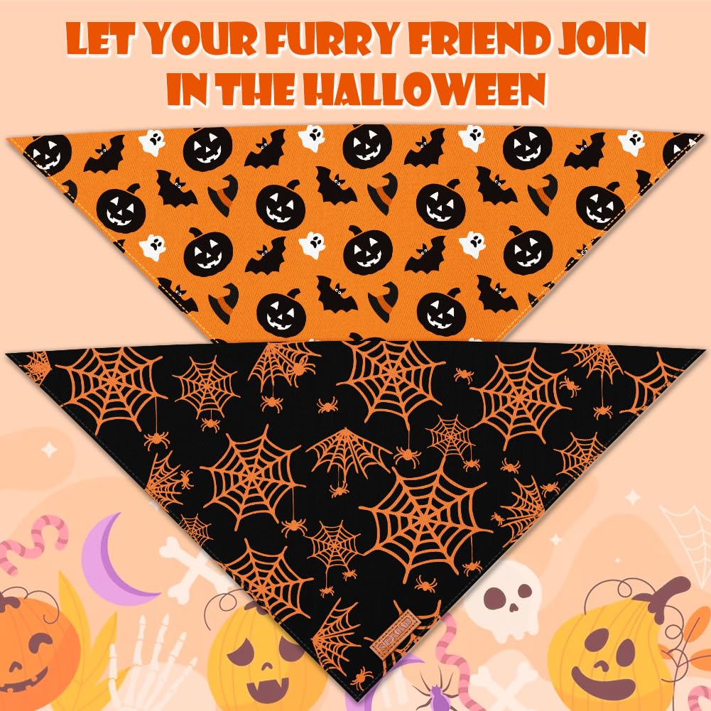 Halloween-Hundehalstücher, waschbar, weiche Baumwolle, Halloween-Kürbis- und Spinnen-Halstuch, mehrere Größen, hochwertiger, strapazierfähiger Stoff, verstellbare Passform, 2 Stück
