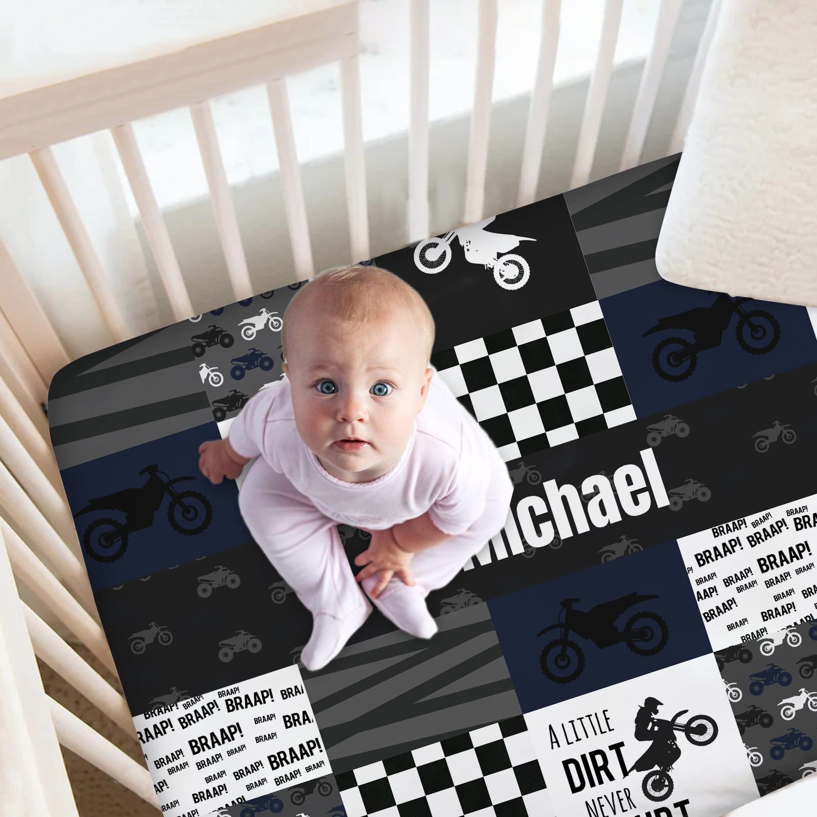 Personalized Motocross Black Baby Crib Sheets with Name, Customized Dirt Bike Crib Mattress Sheets for Baby Boys Girls, Fitted Crib Bedding Sheets for Standard Crib Size, Name Crib Sheets