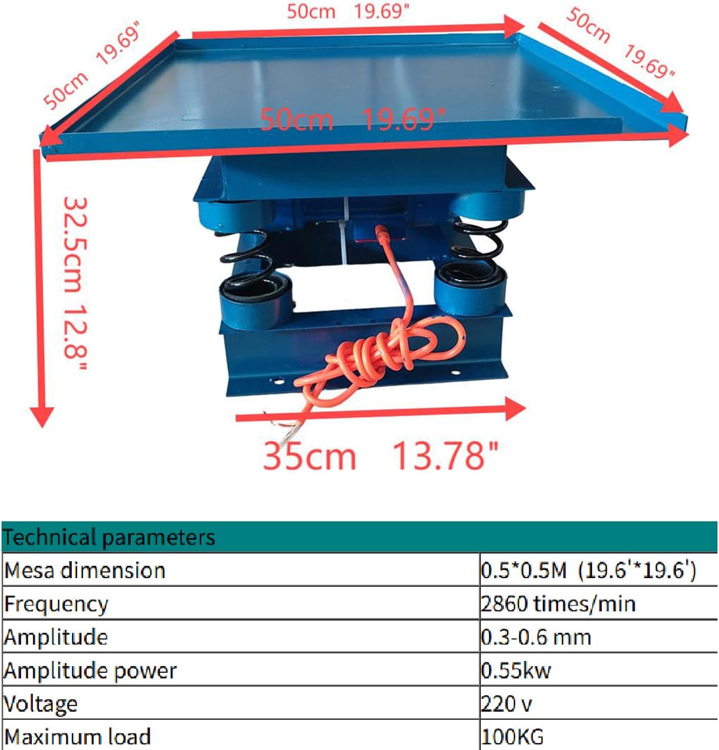 220V Concrete Vibrating Table with 550W All-Copper Motor, 19.7x19.7in Vibration Platform for Mold Compaction, Resin & Test Blocks, 2860 RPM, 220lbs Capacity, Stainless Steel Base