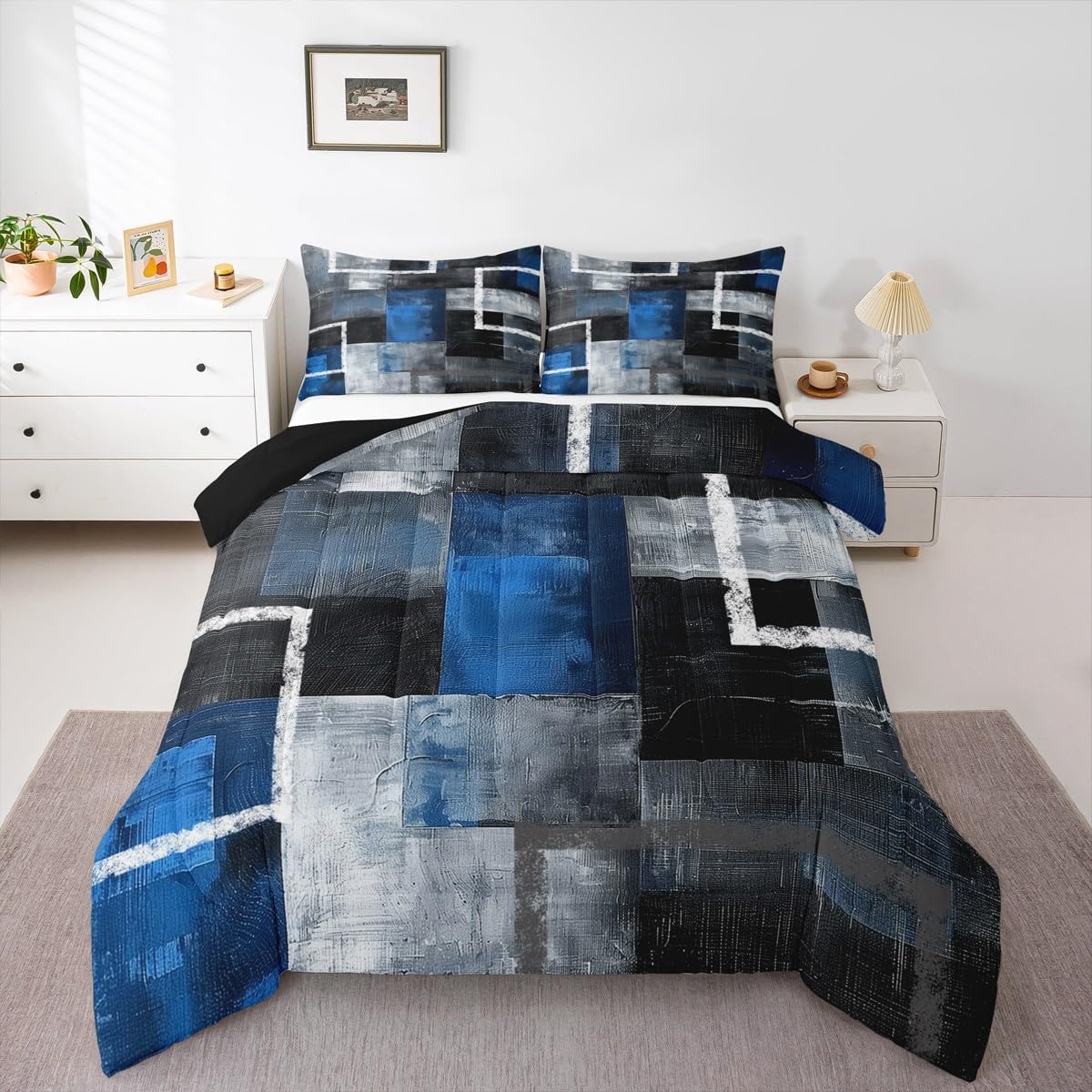 Erosebridal Oil Painting Geometric Queen Size Bedding Set for Teen Adults,Blue Black Grey Comforter Set Modern Abstract Art Comforter Watercolor Patchwork Duvet Insert