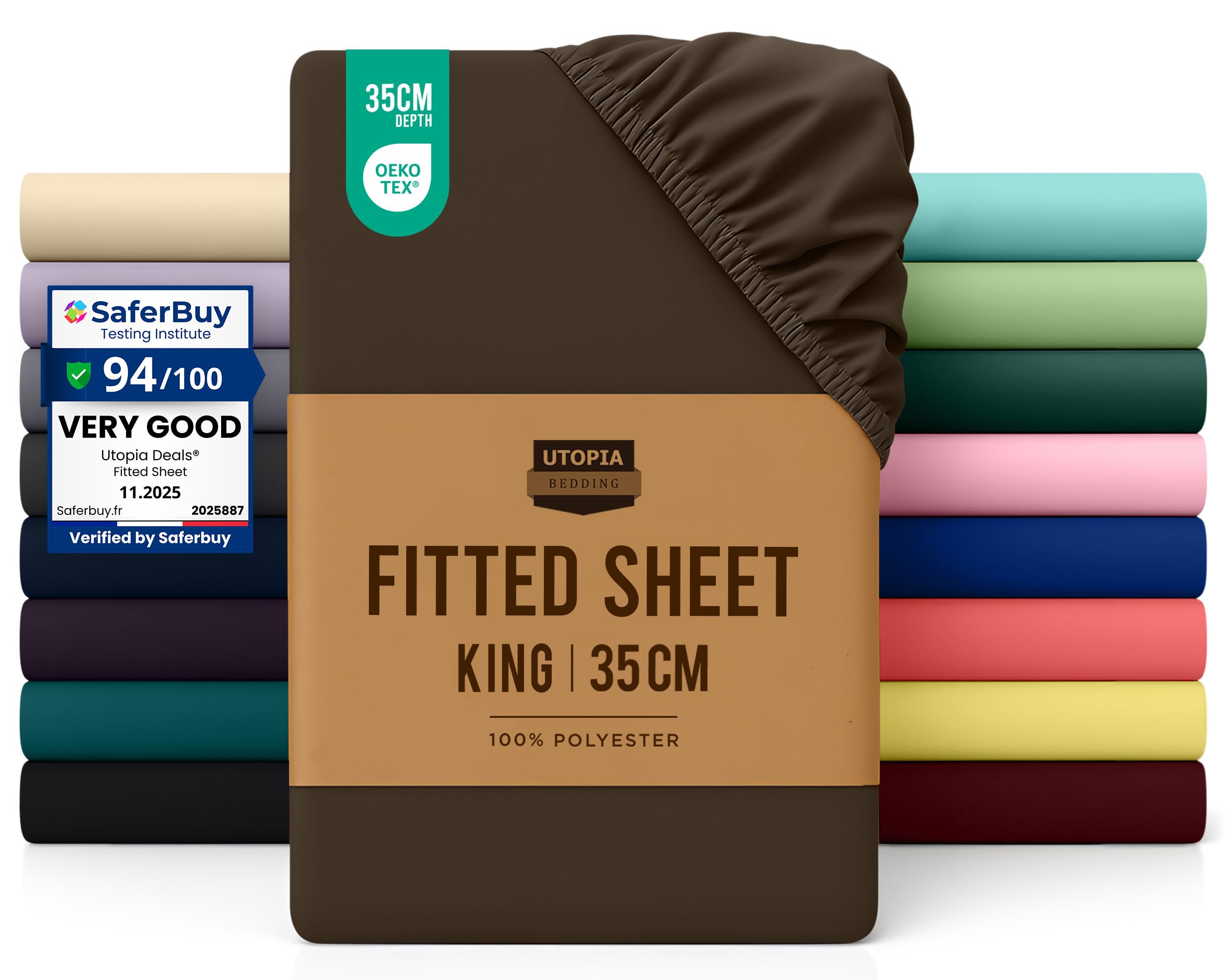 Utopia Bedding Fitted Sheet King, Brown - Deep Pocket 14 inch (35 cm) - Easy Care - OEKO-TEX Certified - Soft Brushed Microfibre Fabric - Shrinkage and Fade Resistant - Bottom Sheet