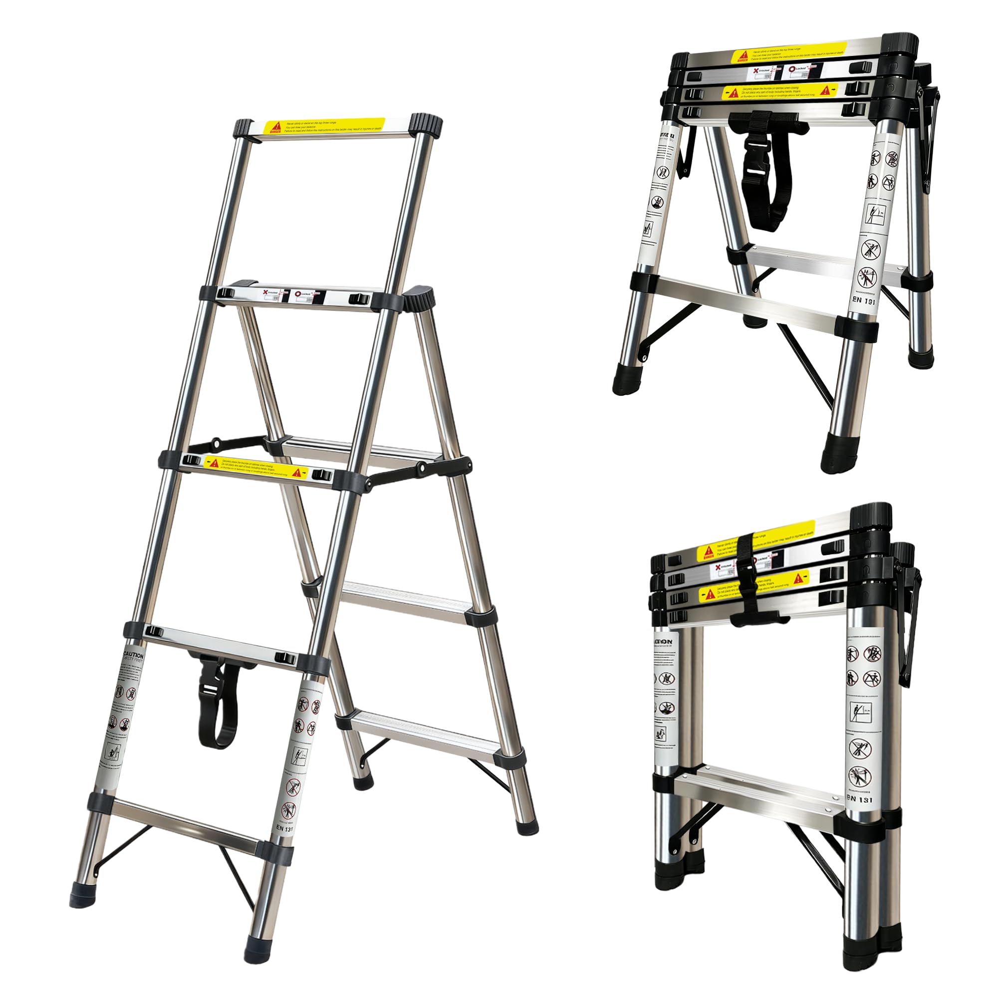 1.1+1.4m Escalera Plegable de Acero Inoxidable,Escalera 3+4 peldaños,Escalera TelescóPica Estructura en Forma de A,Escalera Extensible Bloqueo de Seguridad (1.1+1.4 m)
