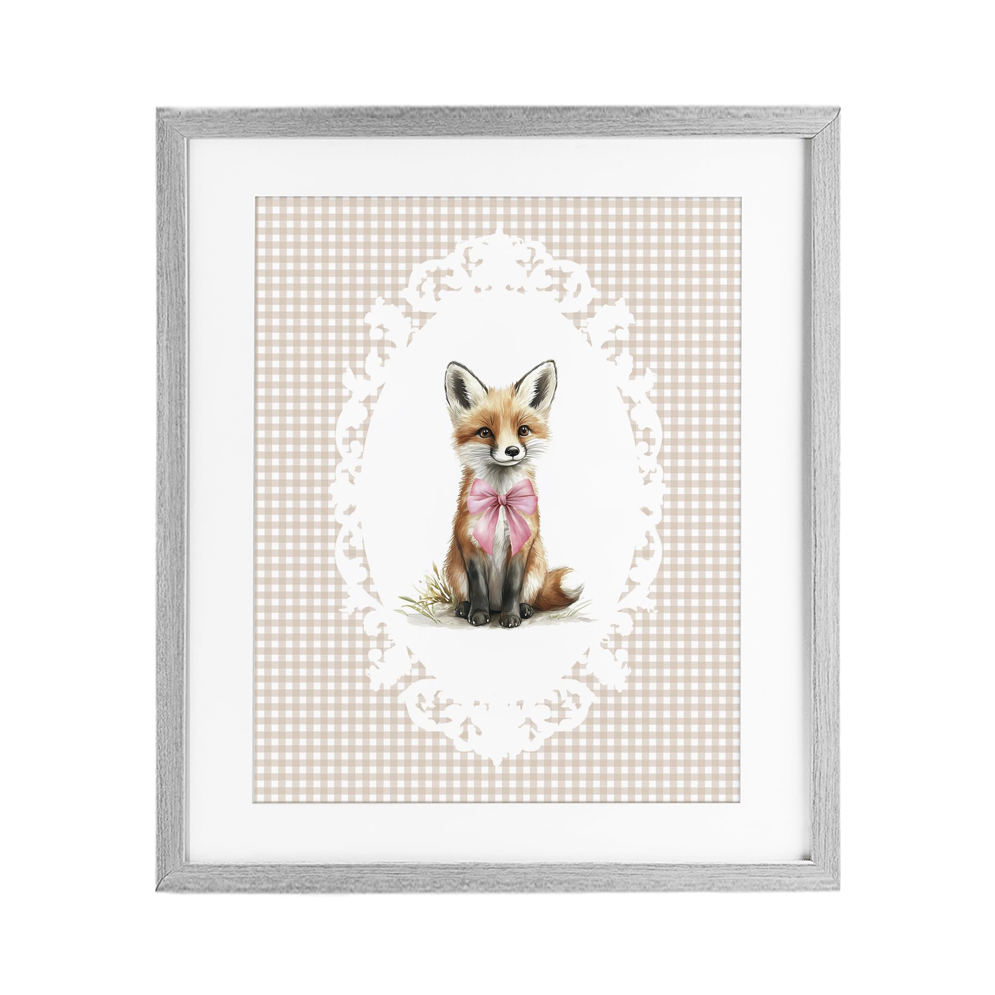 Stupell Industries Farmhouse Gray (Textured) 'Vintage Bow Fox On Gingham'| Framed Print Under Glass