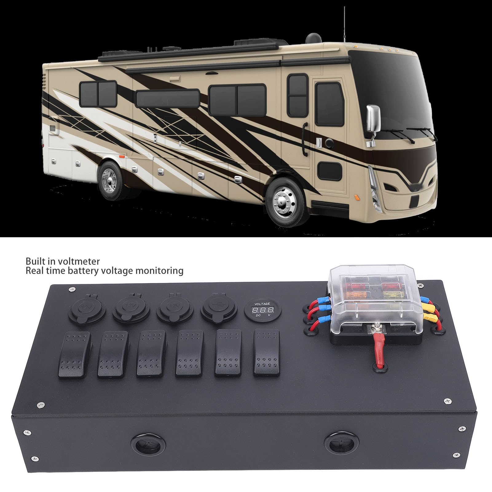 Generic Skrzynka Rozdzielcza Zasilania Akumulatorowego z Woltomierzem Gniazdo Zapalniczki do Samochodu RV Pickup DC12 24V, Zintegrowana funkcjonalność, Monitorowanie Napięcia w Czasie Rzeczywistym