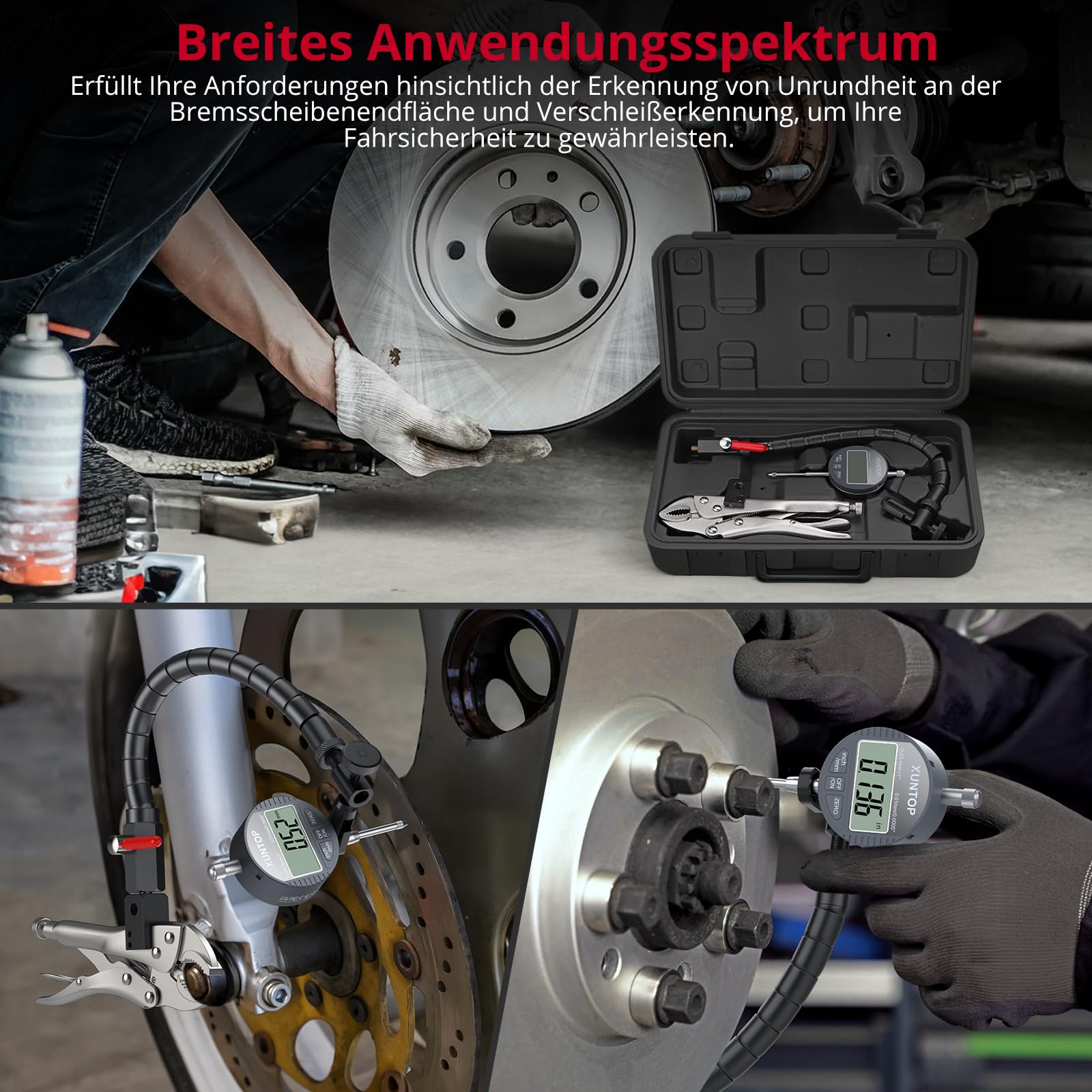 XUNTOP Auto Bremsscheiben Schlagfestigkeitsprüfer Scheibenbremsroto Messgerät 0.01 mm (0.0005 inch) Digitale Messuhr Mit 360°flexibler Stangenhalterung Produkt für die Automobilindustrie