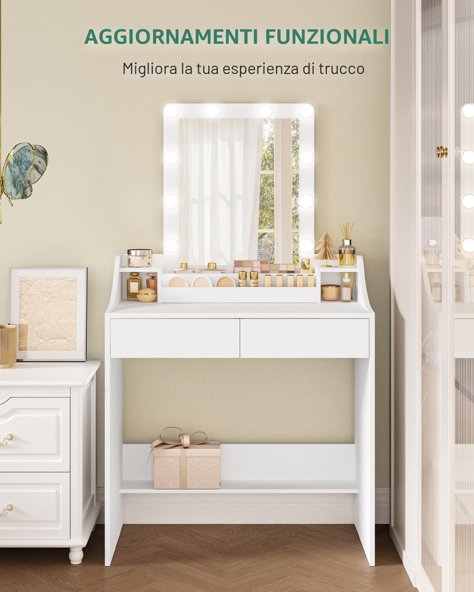 Hzuaneri 80cm Toeletta da Trucco con illuminazione a LED, Luminosità Regolabile, Tavolo da Trucco con Specchio, Toeletta con 2 Cassetti e 2 Scomparti Aperti, Moderno, Bianco DT39503X