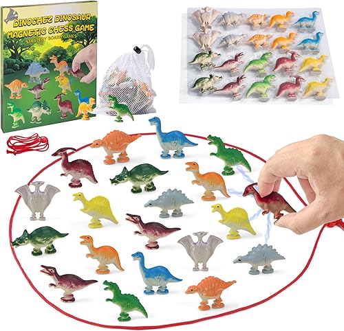 Dinochez - Juego de ajedrez magnético de dinosaurio 2025, 20 piedras de dinosaurio, 1 cuerda y bolsa de almacenamiento portátil, juegos de mesa de