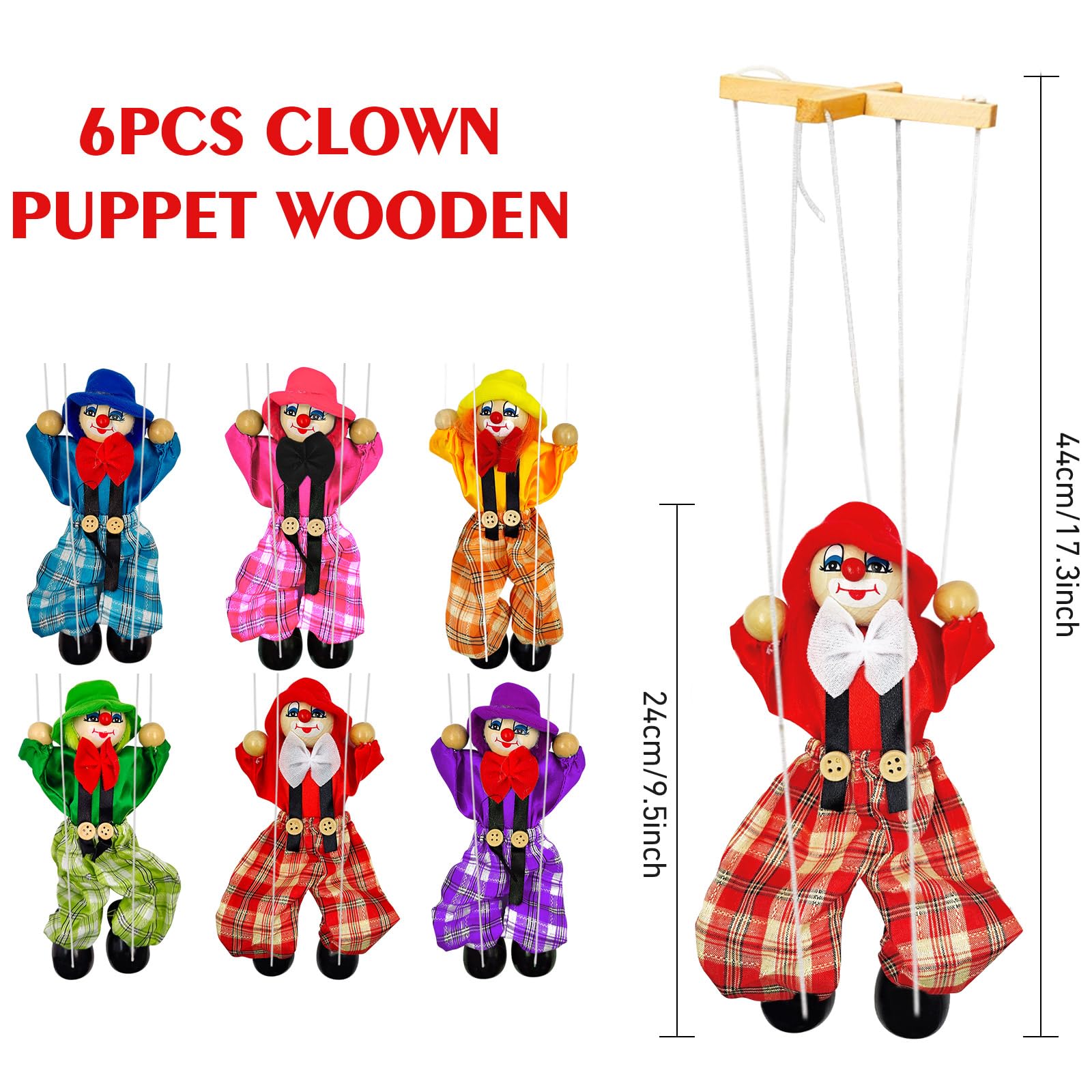 6 Pack Wooden Marionette Puppets Clown Pull String Puppets Movable