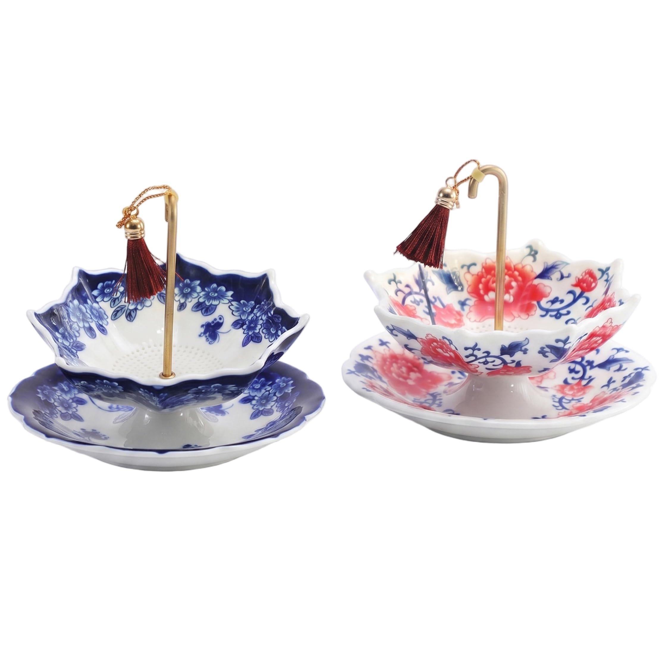 2er-Pack Teeschirme, florale Keramik-Teesiebe für loses, exquisites Porzellan-Set mit Abtropfböden für die Teestube im Heimbüro (2 Stile)