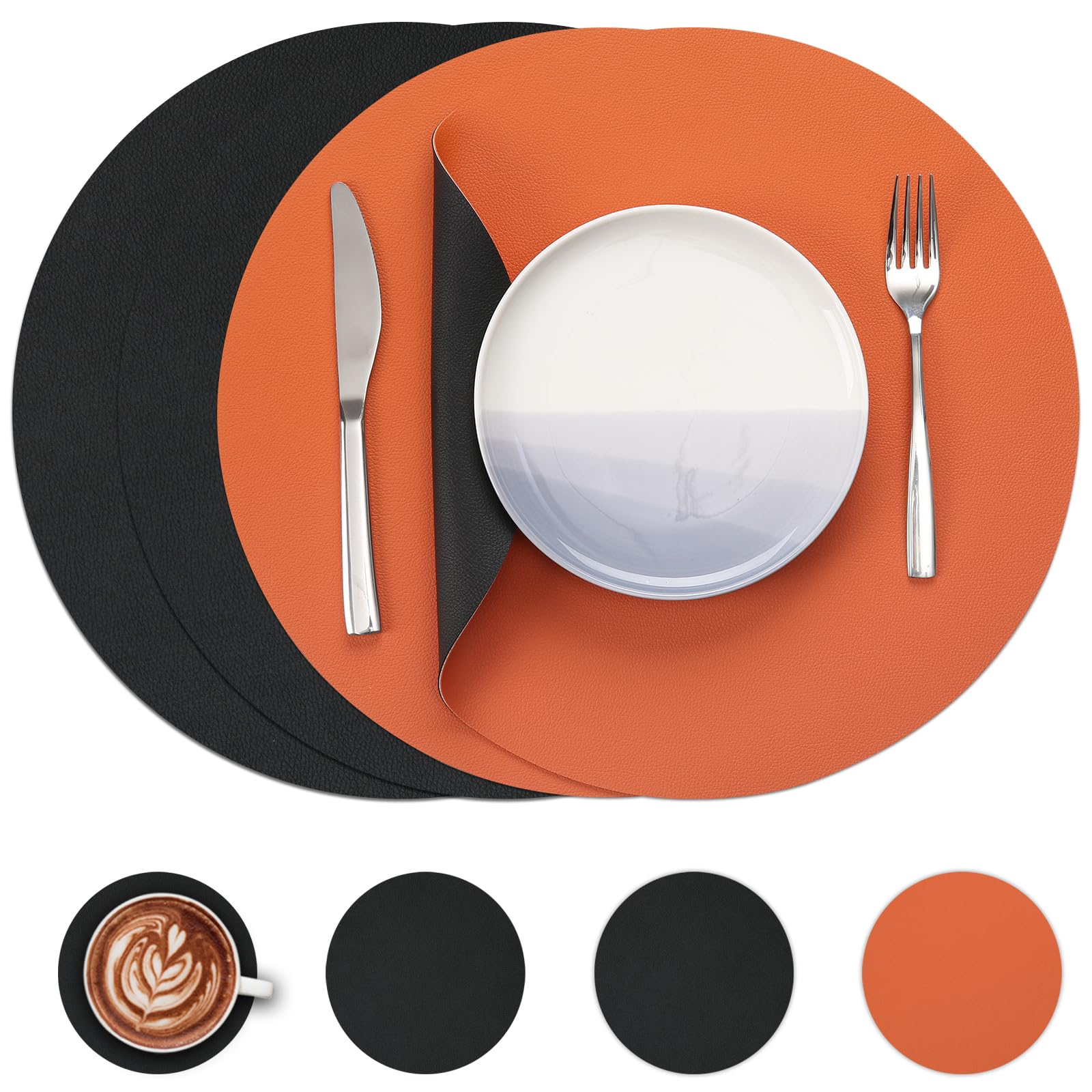 Myir JUN Round Table Placemats Set of 4 Faux Leather Place Mats and Coasters 15 inch Round Dual Sided Placemats Non-Slip Wipe Clean Stain Resistant (Black Orange,Set of 4)