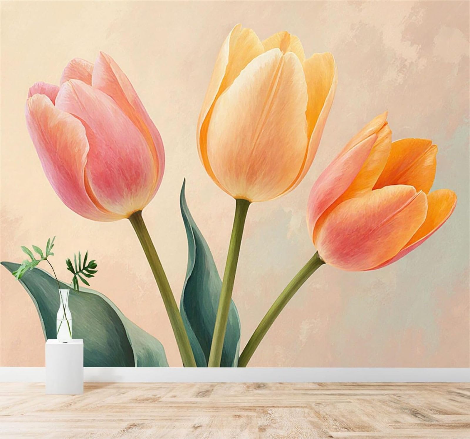 XLMING Beautiful Pink Orange Tulips Green Leaves Art 3D Wallpaper Silky Texture Home Study Office Grey Dining Room Sofa Bedroom Living Room TV Backdrop-250cm×170cm