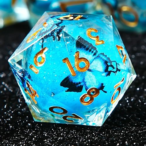 Butterfly Liquid Core D20 DND - Dados individuales de 0.866 in con borde afilado de resina, dados D&D de 20 caras, poliédricos hechos a mano para