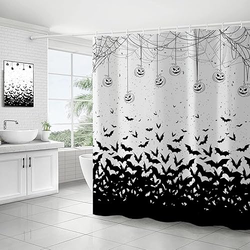 Miniatura 7 de Cortina de ducha de Halloween, cortina de ducha de murciélago aterrador con 12 ganchos, cortinas de ducha de calabaza de terror de Halloween para
